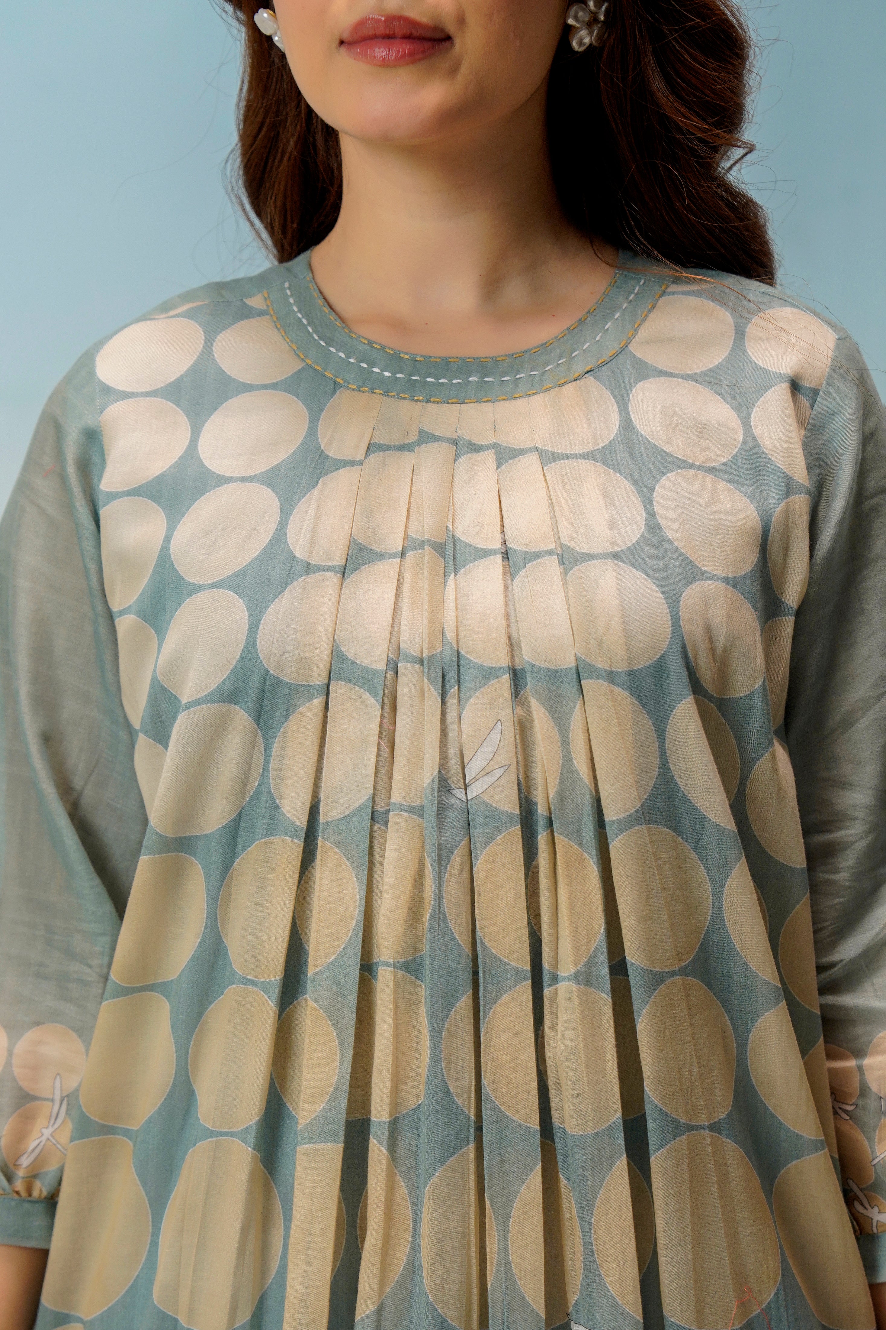 Sage Blue & Beige Polka Dot A-Line Kurta Set for Women | Premium Cotton Silk Indo-Western Kurta with Pants
