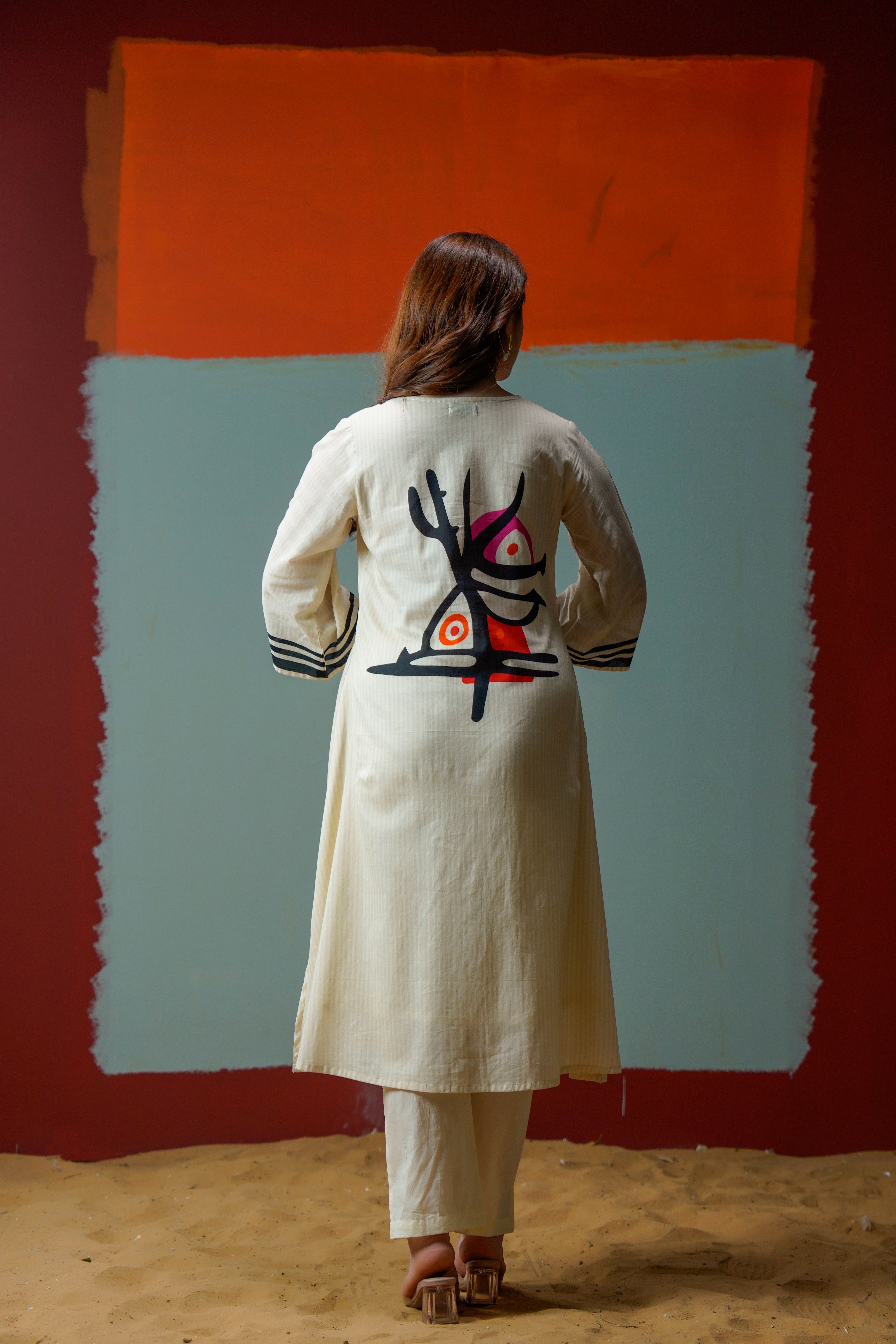 Beige Abstract Statement Print Cotton Kurta Pant Set for Women | Premium Indo Western A-Line Kurti Co Ord Set