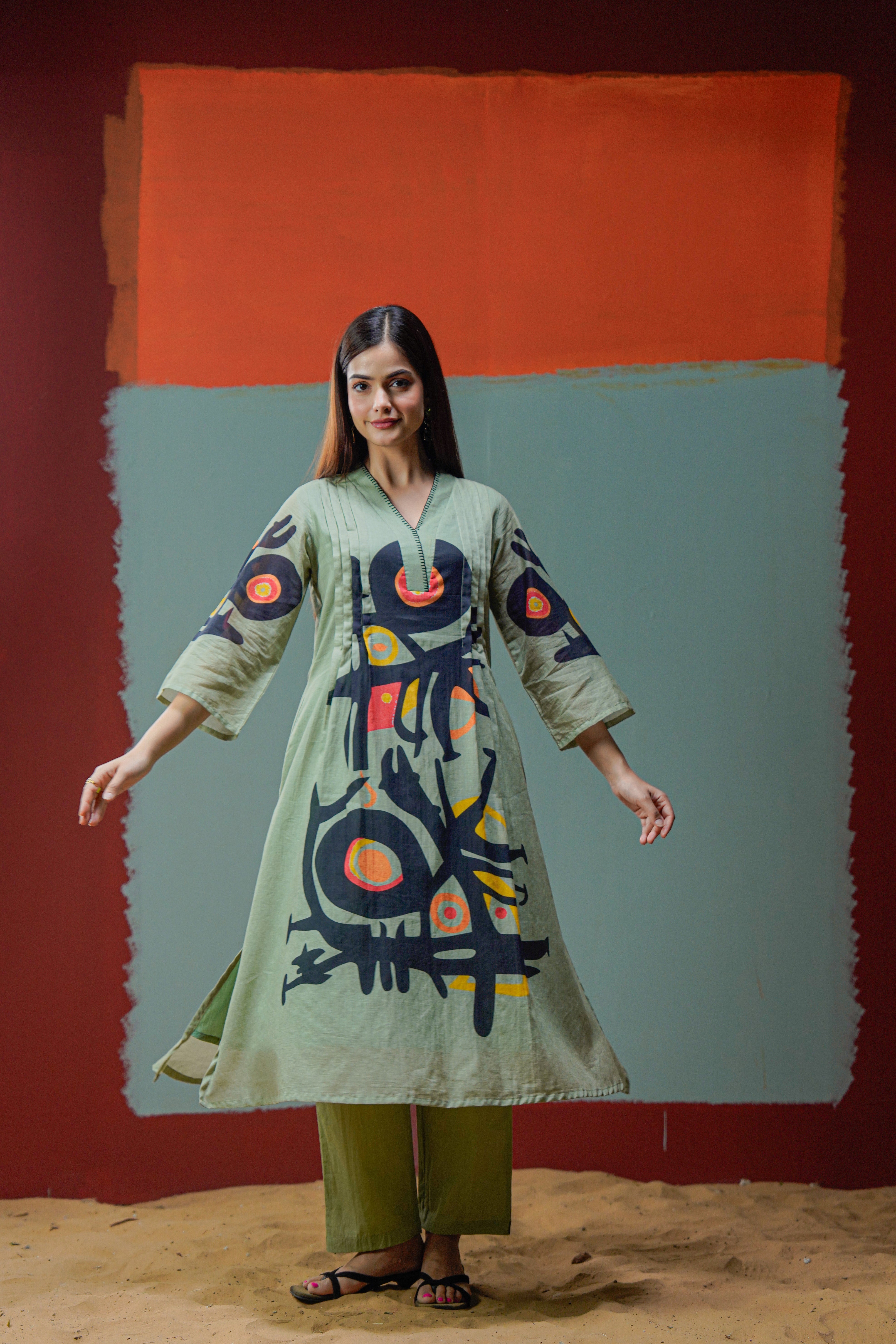 Olive Green Abstract Print Cotton Kurta Pant Set for Women | Modern Indo Western Co-ord Set with V-Neck & 3/4 Sleeves