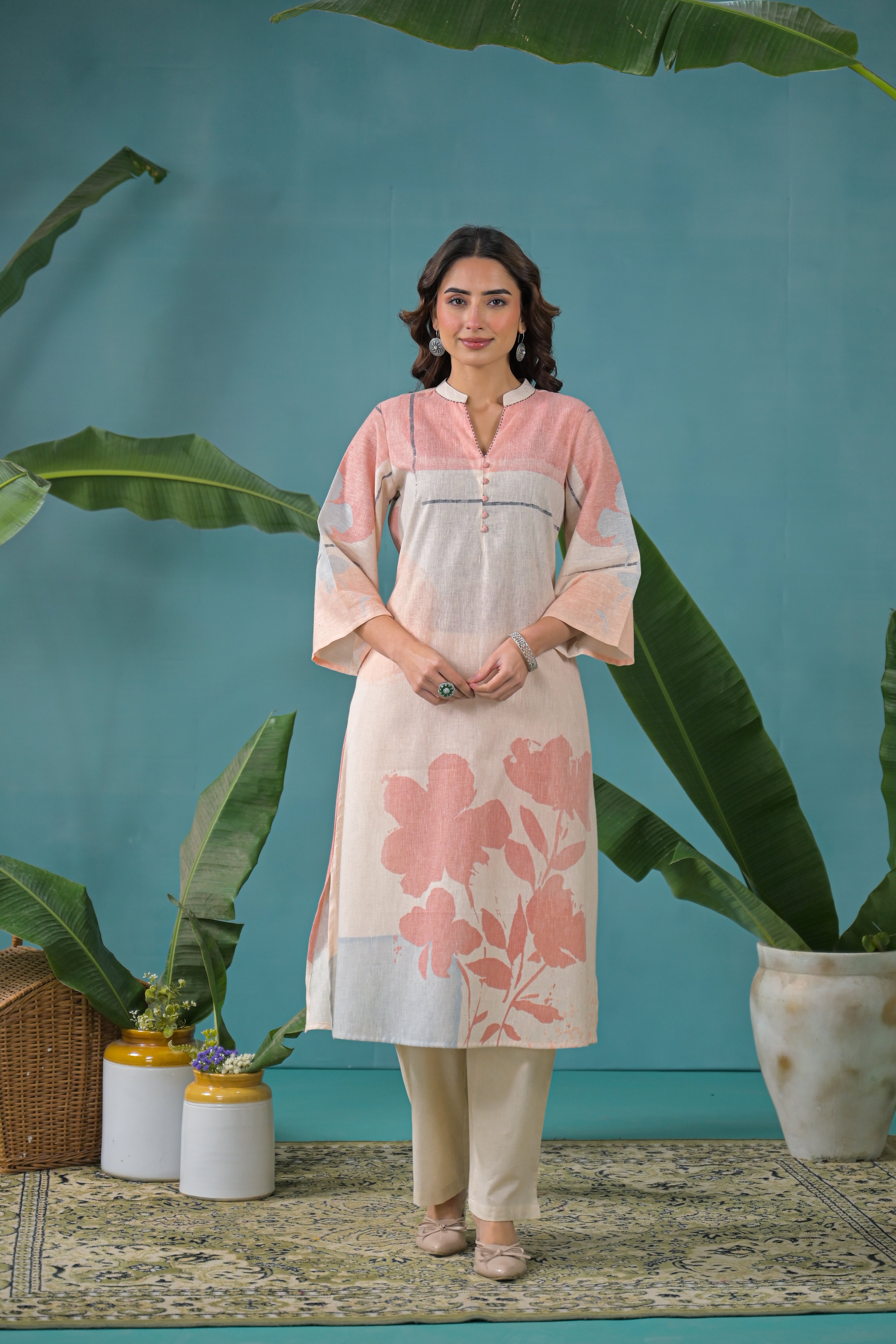 Peach Beige Floral Printed Handloom Cotton Kurta Pant Dupatta Set for Women | Pastel A-Line Ethnic Co-ord Set
