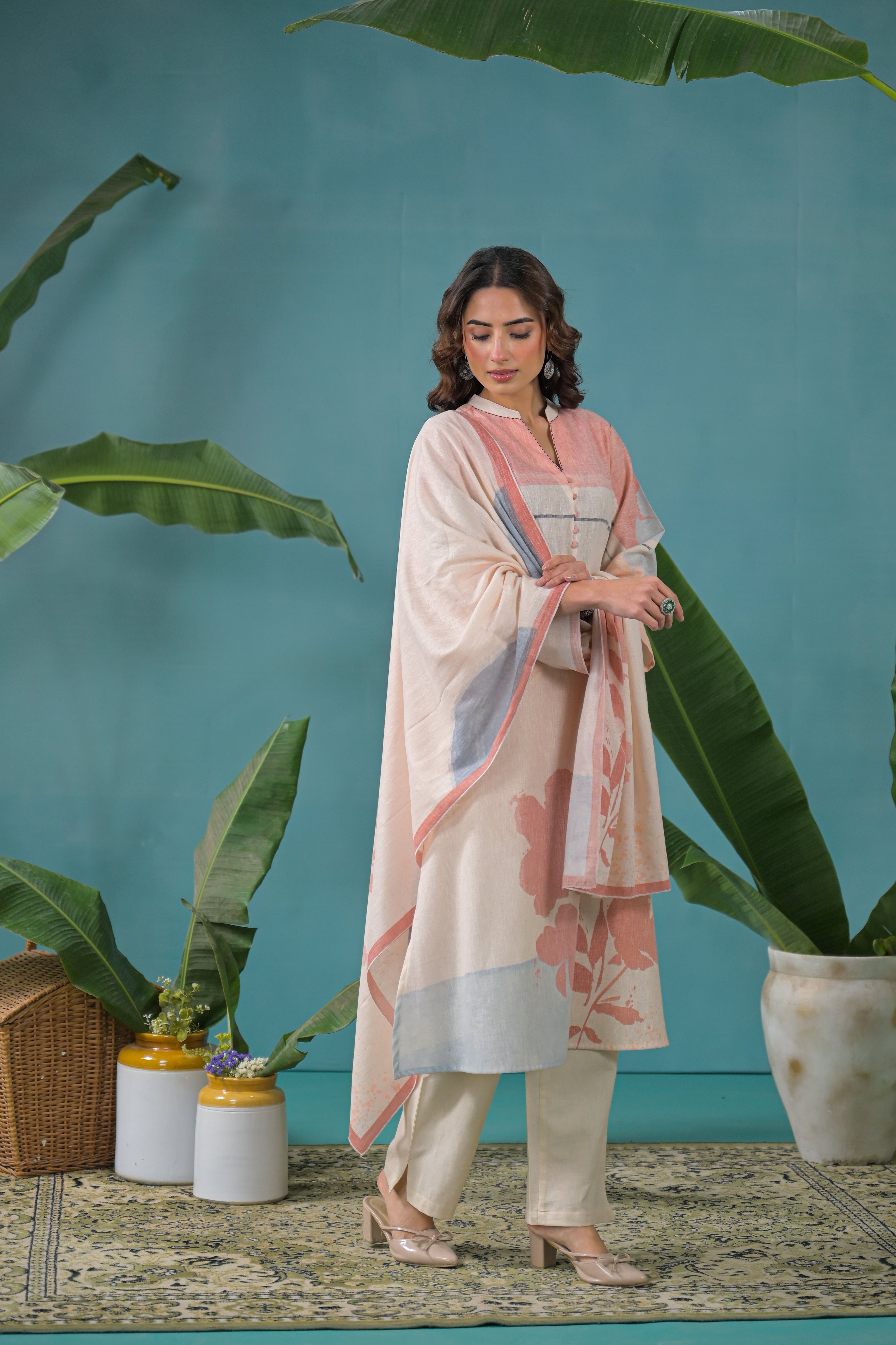 Peach Beige Floral Printed Handloom Cotton Kurta Pant Dupatta Set for Women | Pastel A-Line Ethnic Co-ord Set