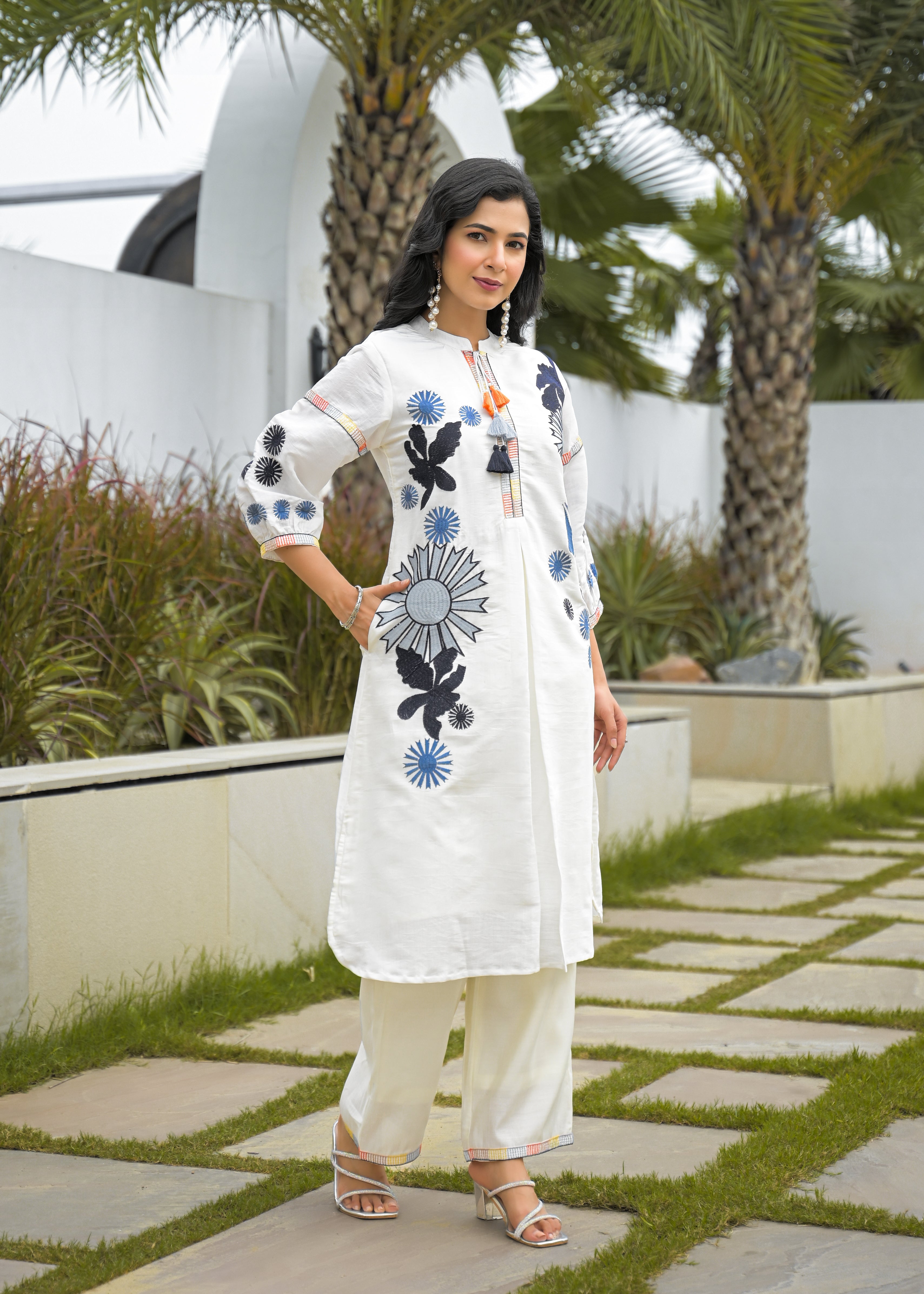 Ivory Floral Printed Cotton silk Kurta Set with Palazzo – Elegant Women’s Ethnic Wear Co-Ord Set