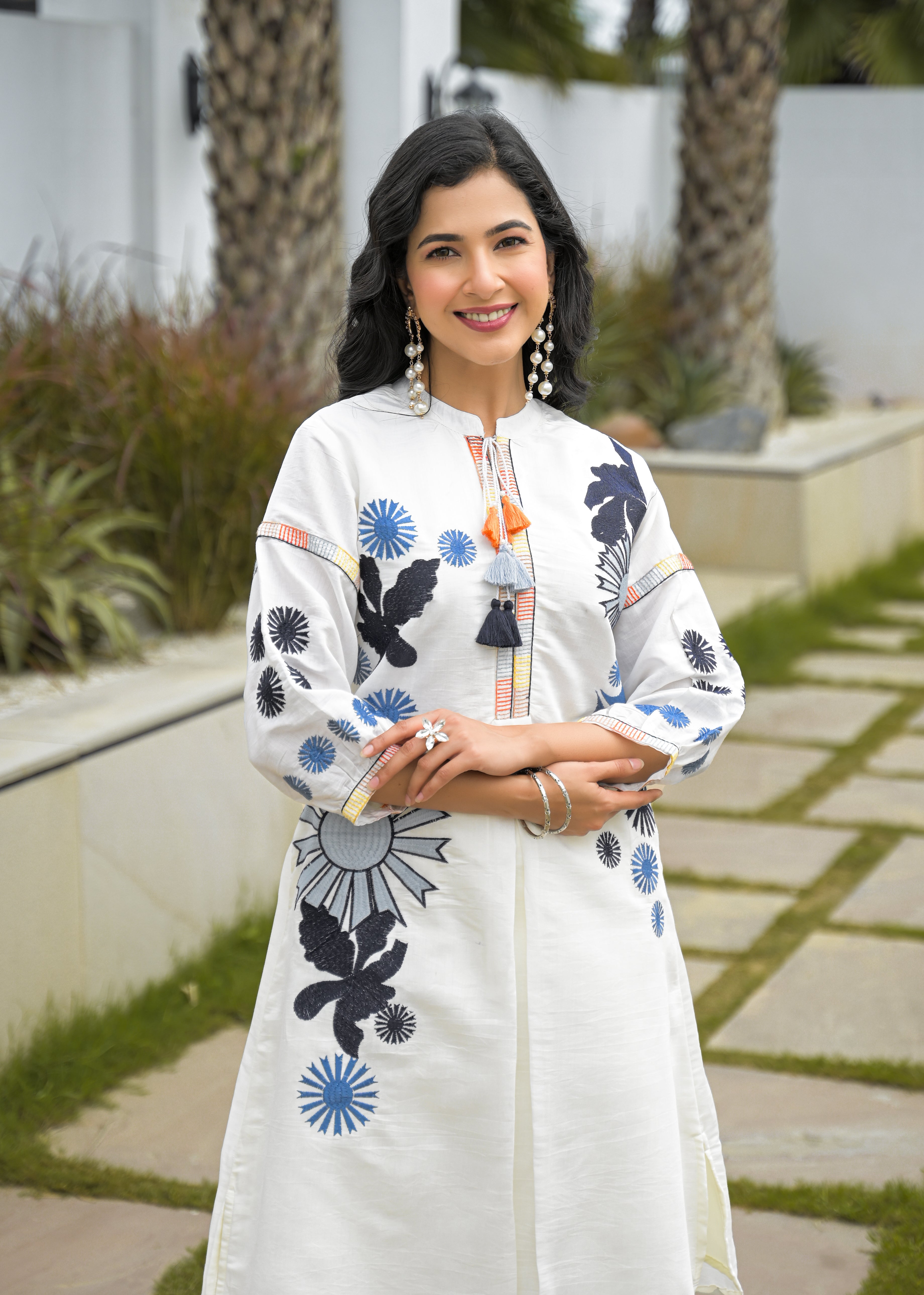 Ivory Floral Printed Cotton silk Kurta Set with Palazzo – Elegant Women’s Ethnic Wear Co-Ord Set