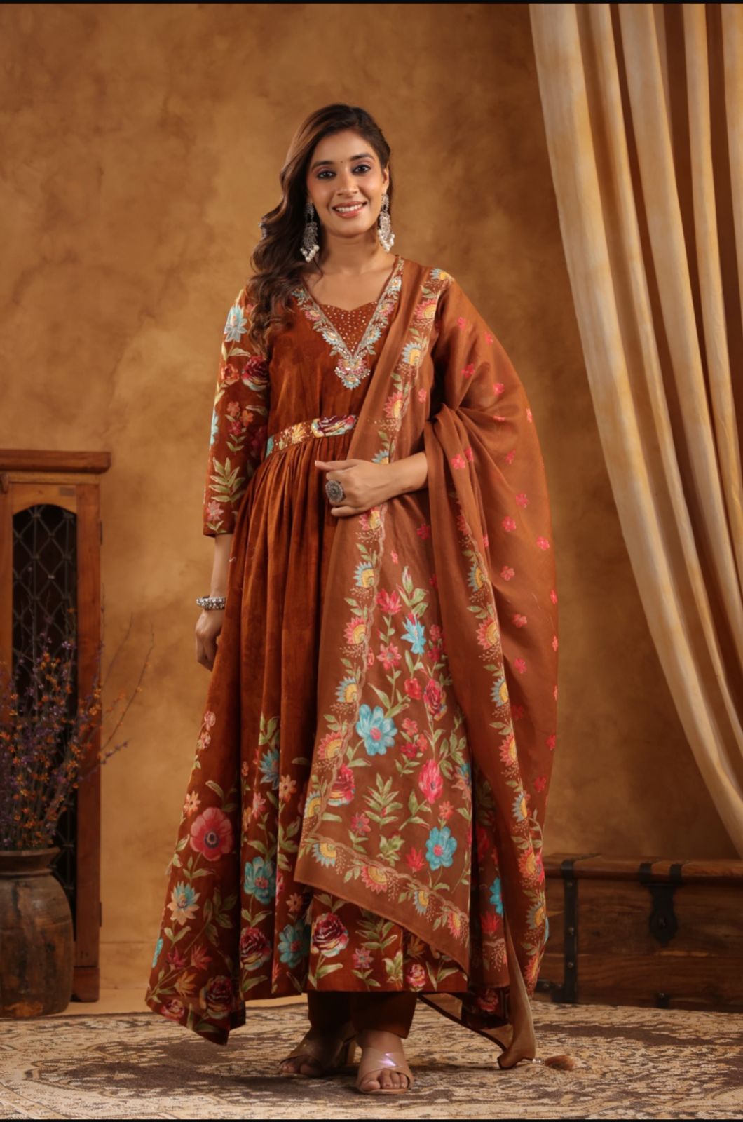 Mul Cotton Anarkali Kurta set with handwork