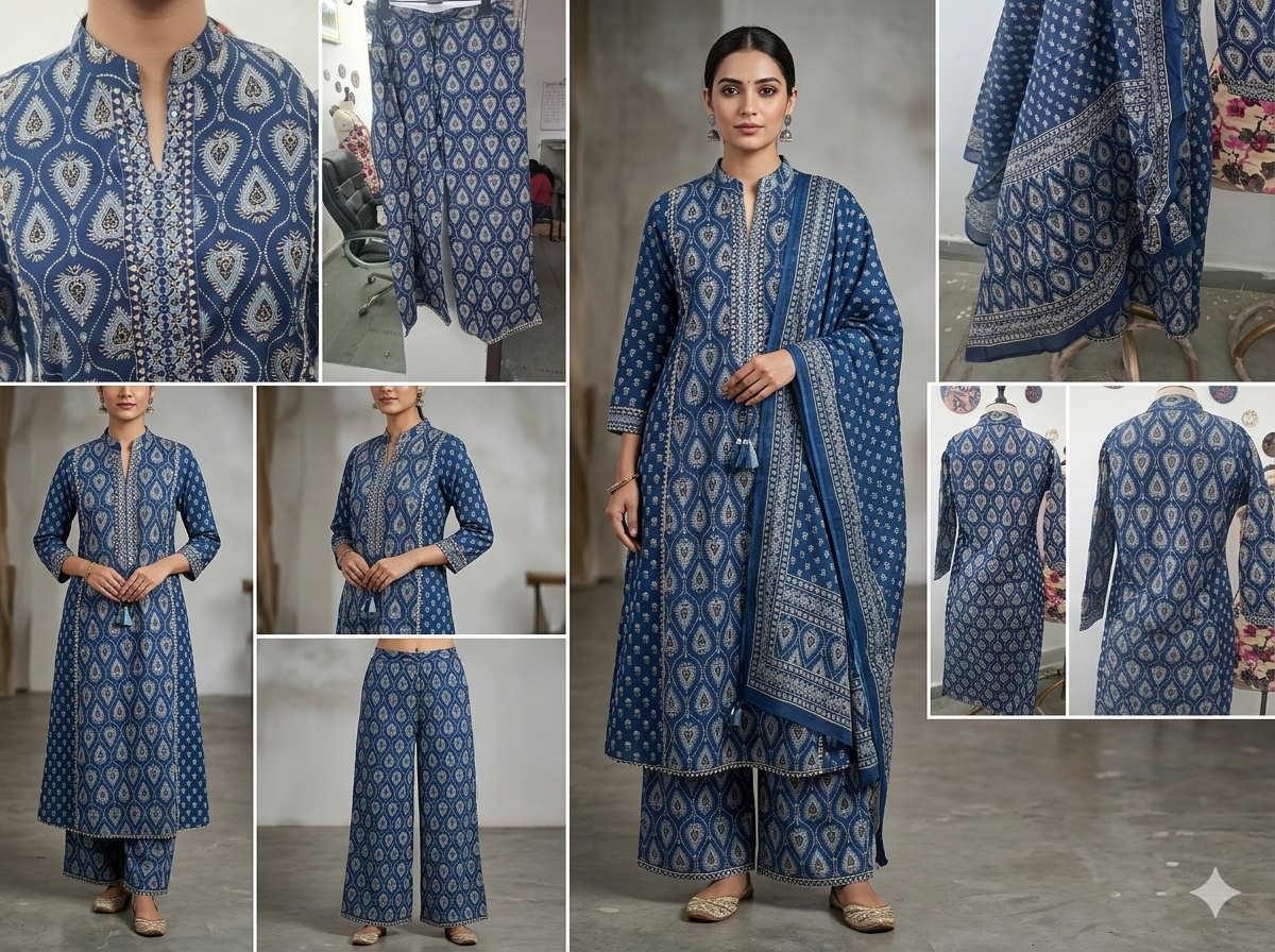 Women Indigo Blue Printed Kurta Palazzo Dupatta Set | Traditional Ethnic 3 Piece Suit Set for Women | Jaipuri Festive Wear