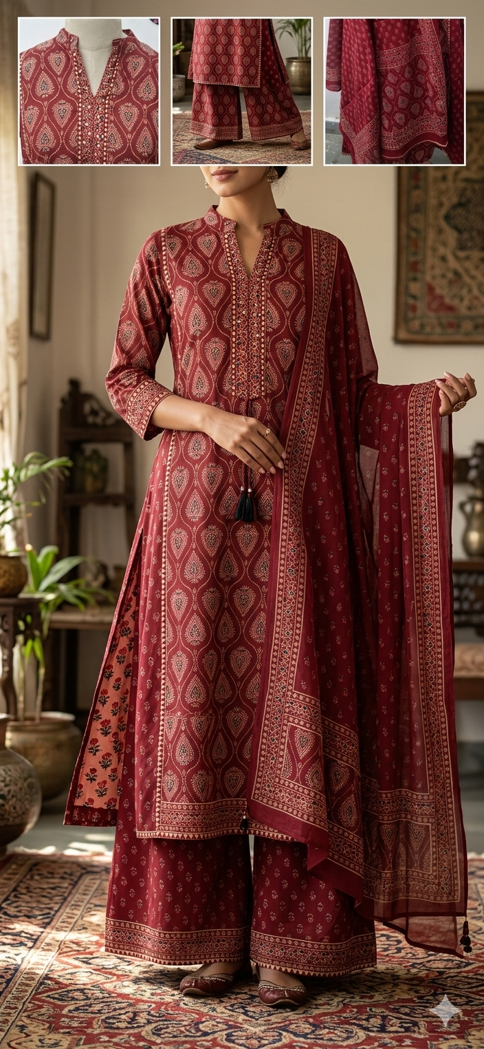 Women Maroon Printed Cotton Blend Kurta Palazzo Dupatta Set | Ethnic 3 Piece Suit Set for Women | Traditional Festive Wear Salwar Suit