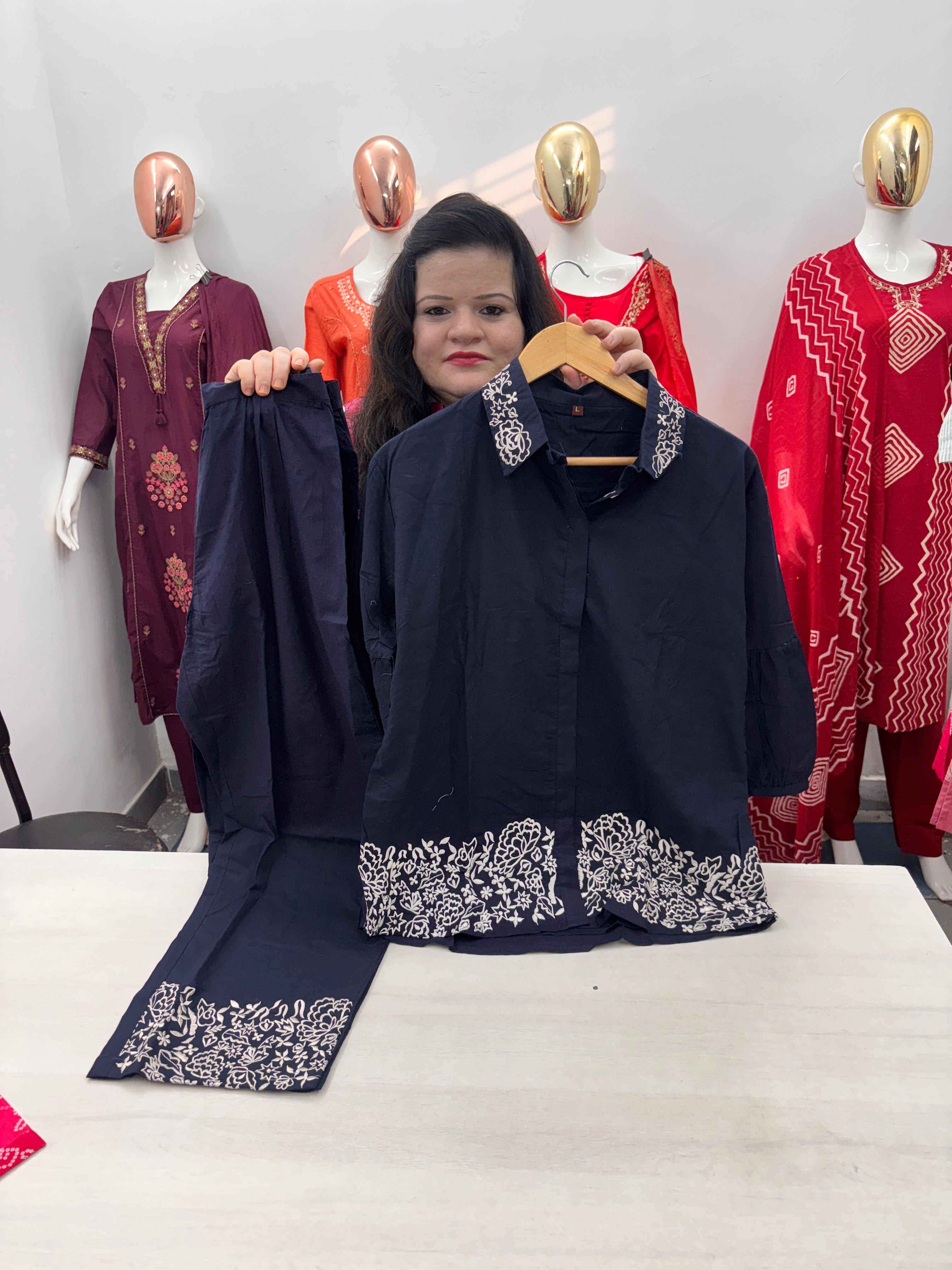 Navy blue Cotton stylish Collar Coord Set