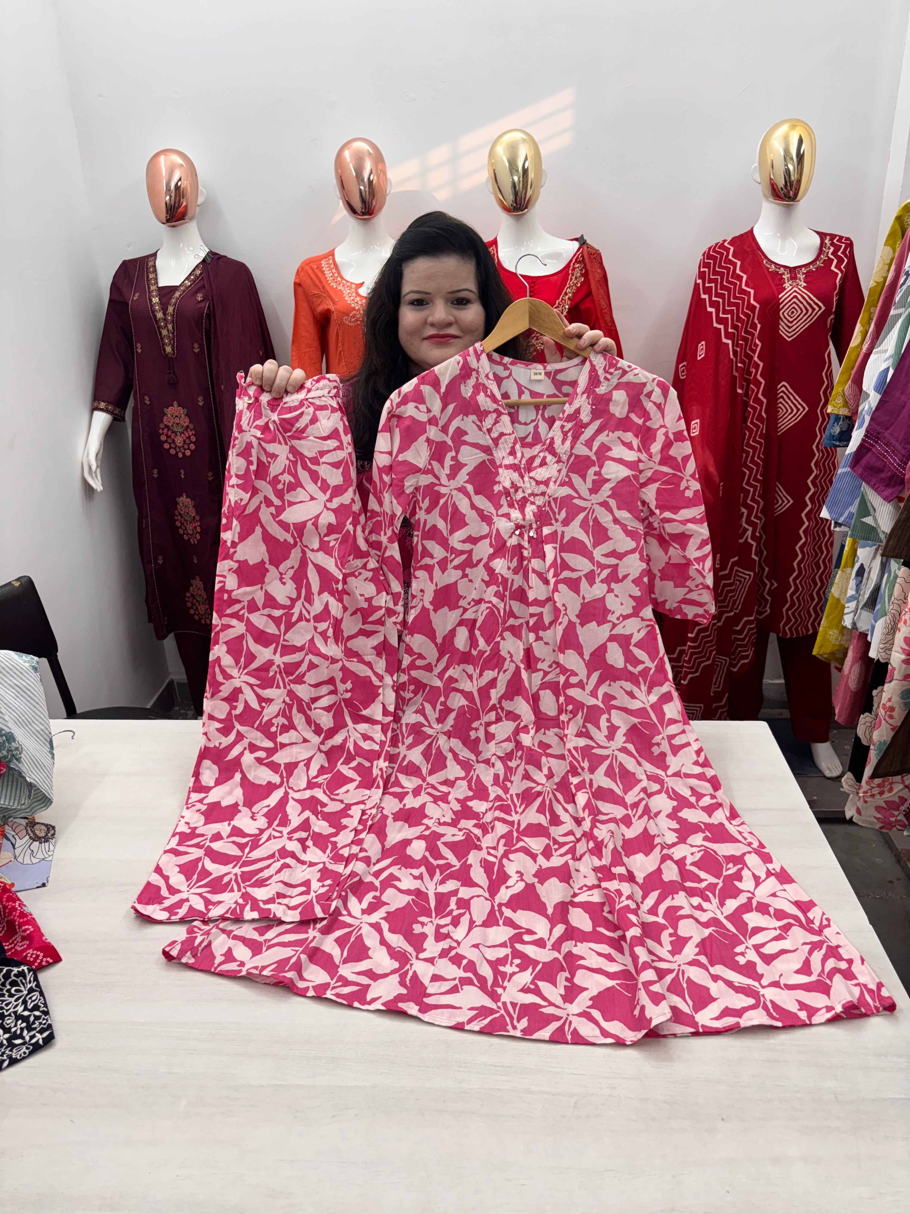 cambric cotton coord set with thread work in front