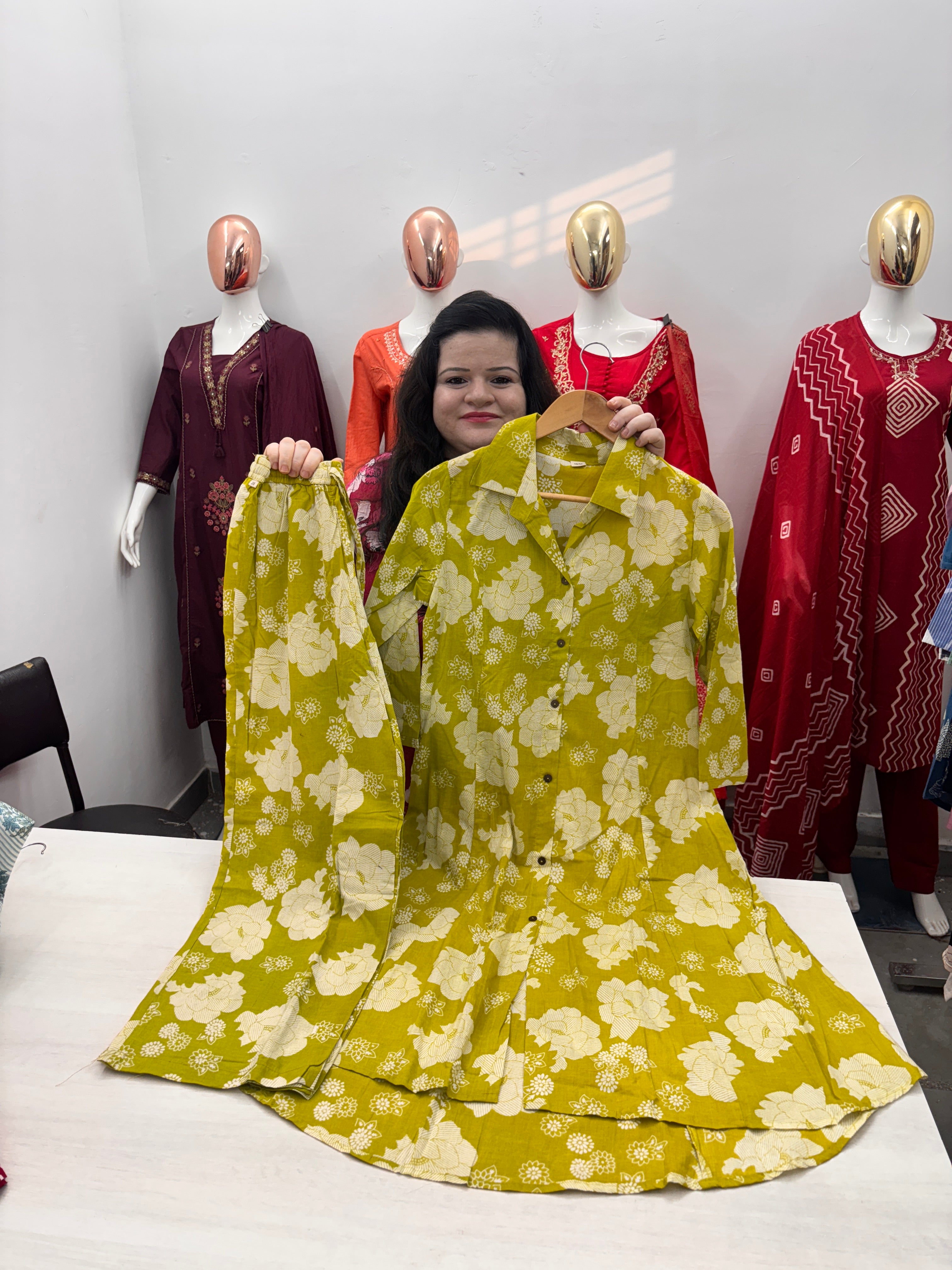 cambric cotton coord set with shirt collar neck