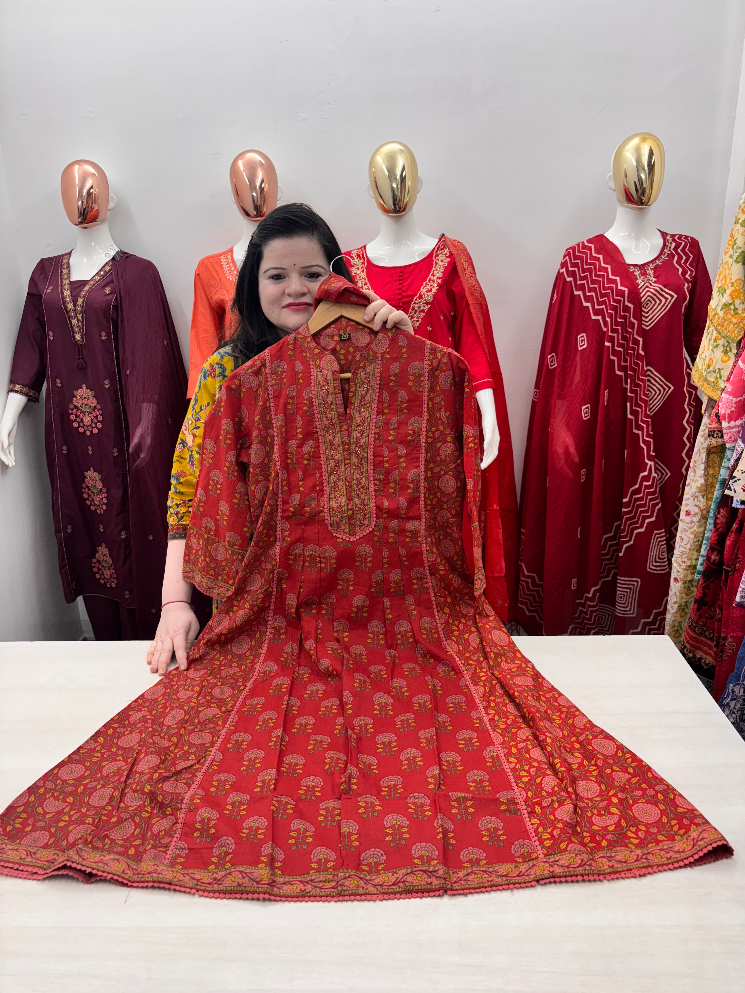 Anarkali shoulder cotton kurta dupatta set with handwork