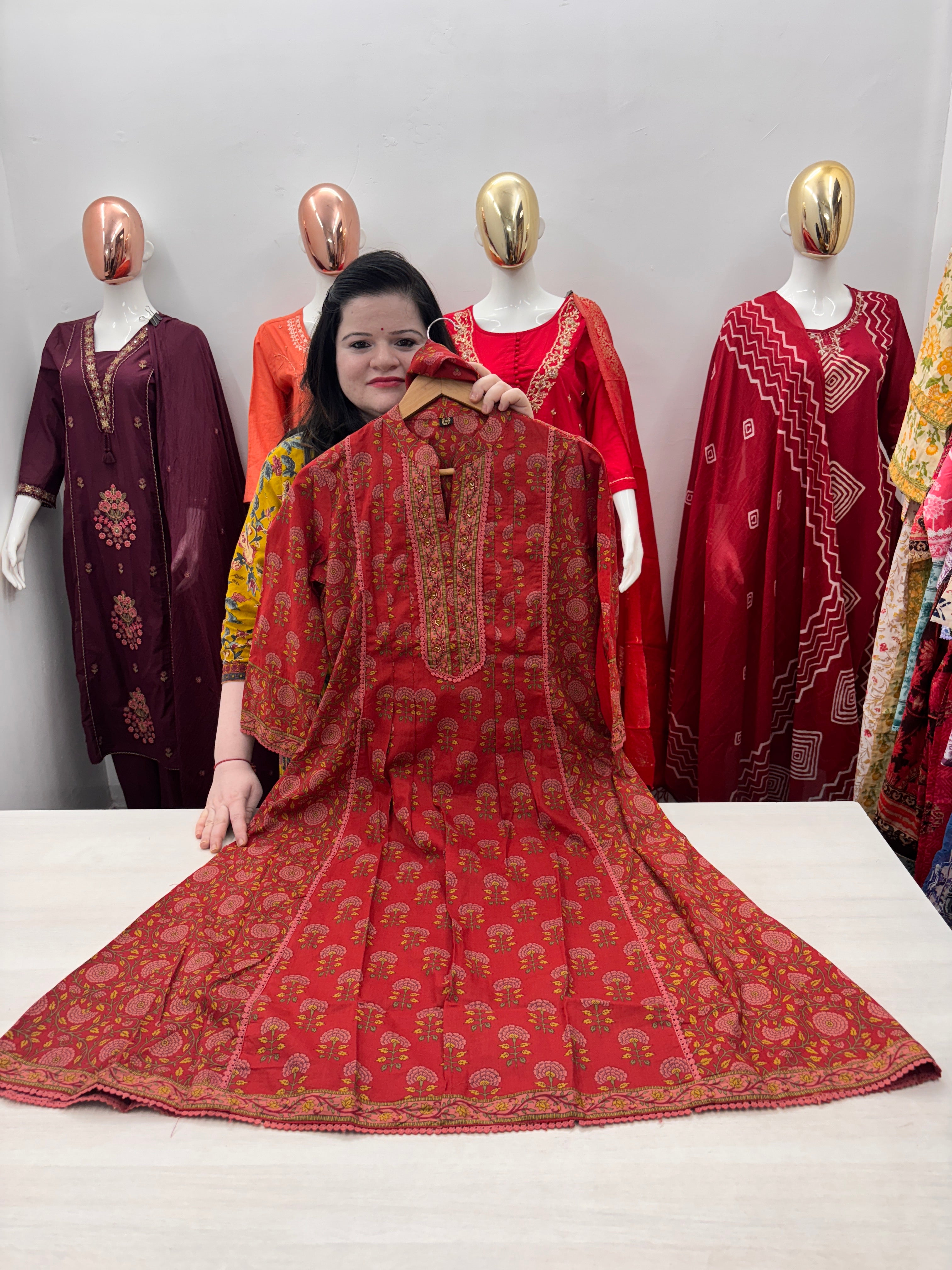 Anarkali shoulder cotton kurta dupatta set with handwork