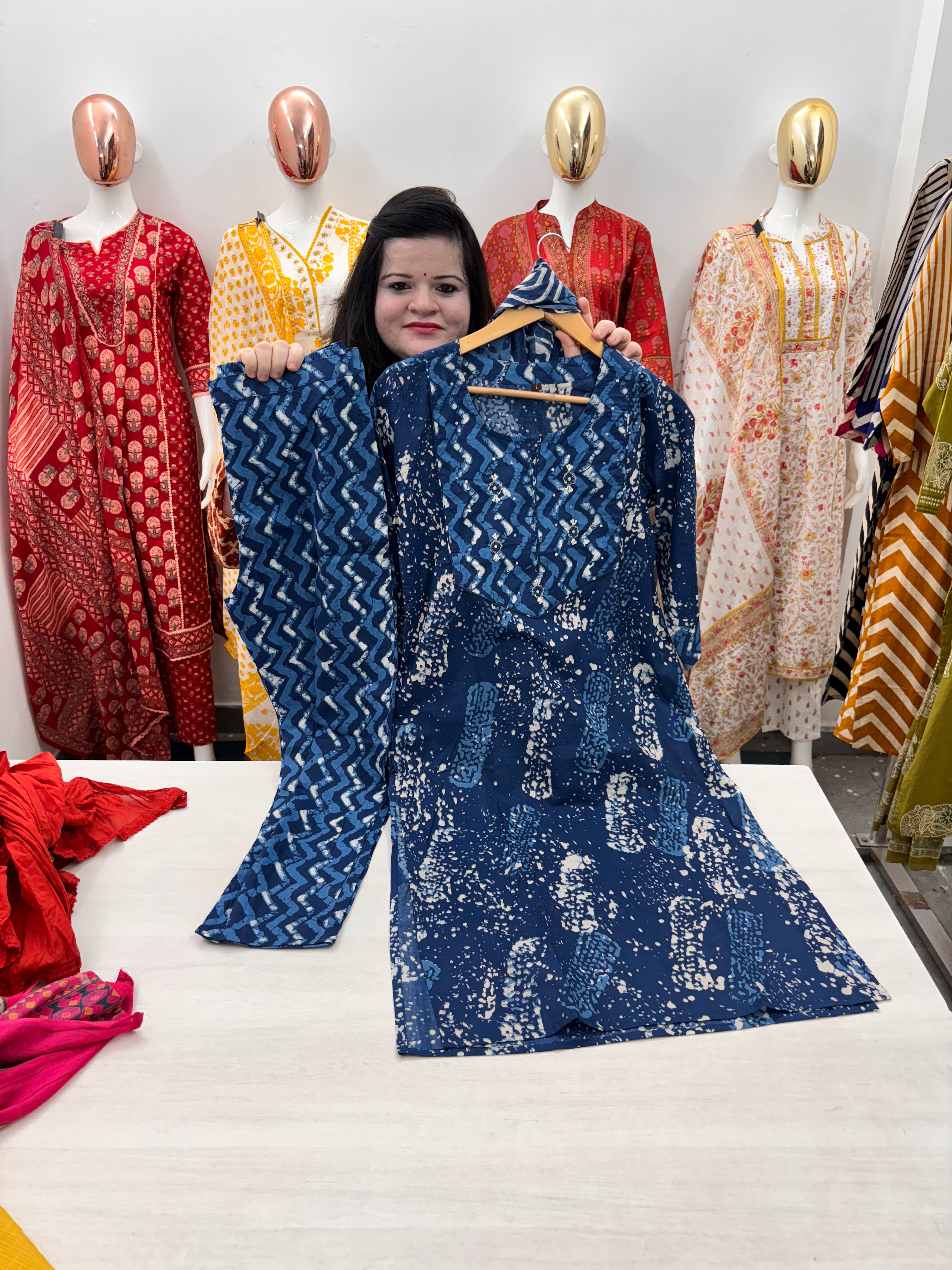 Blue Indigo printed cotton kurta dupatta set