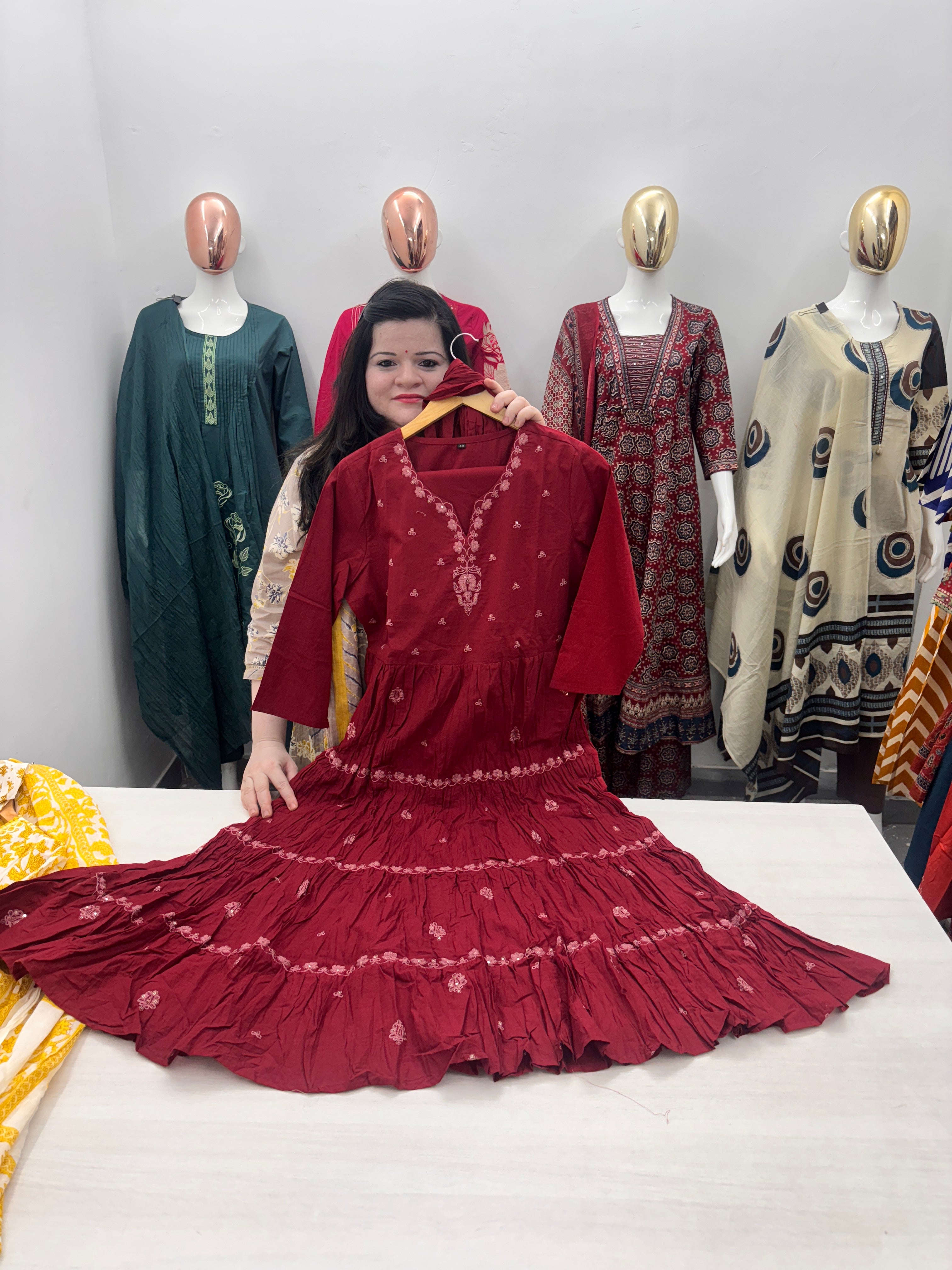 Pure cotton Anarkali embroidery Tier pattern dupatta set