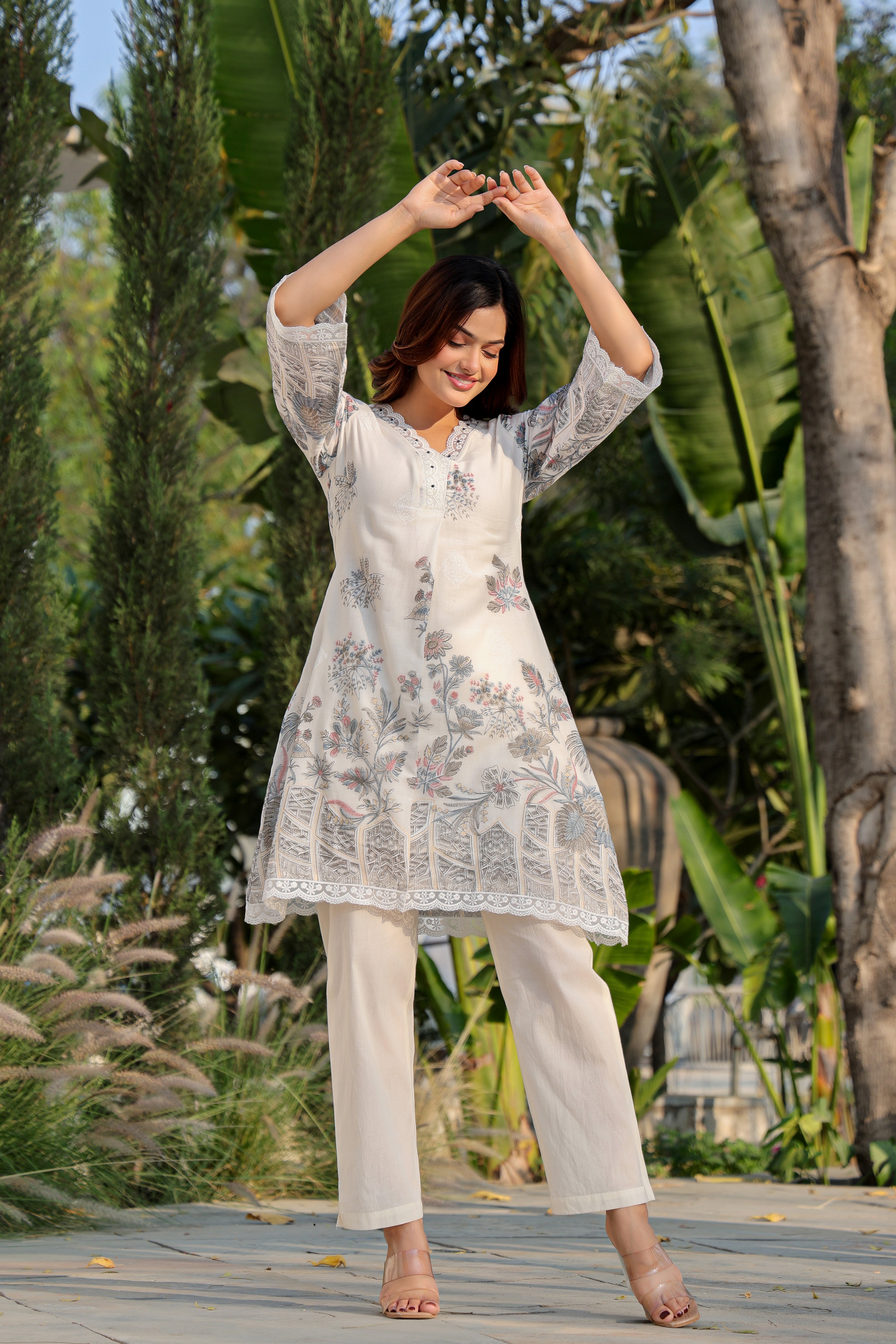 Ivory Floral Printed A-Line Kurta Pant Set for Women | Pastel Jaipuri Style Co-Ord Set | Elegant V-Neck Ethnic Wear with Lace Detail