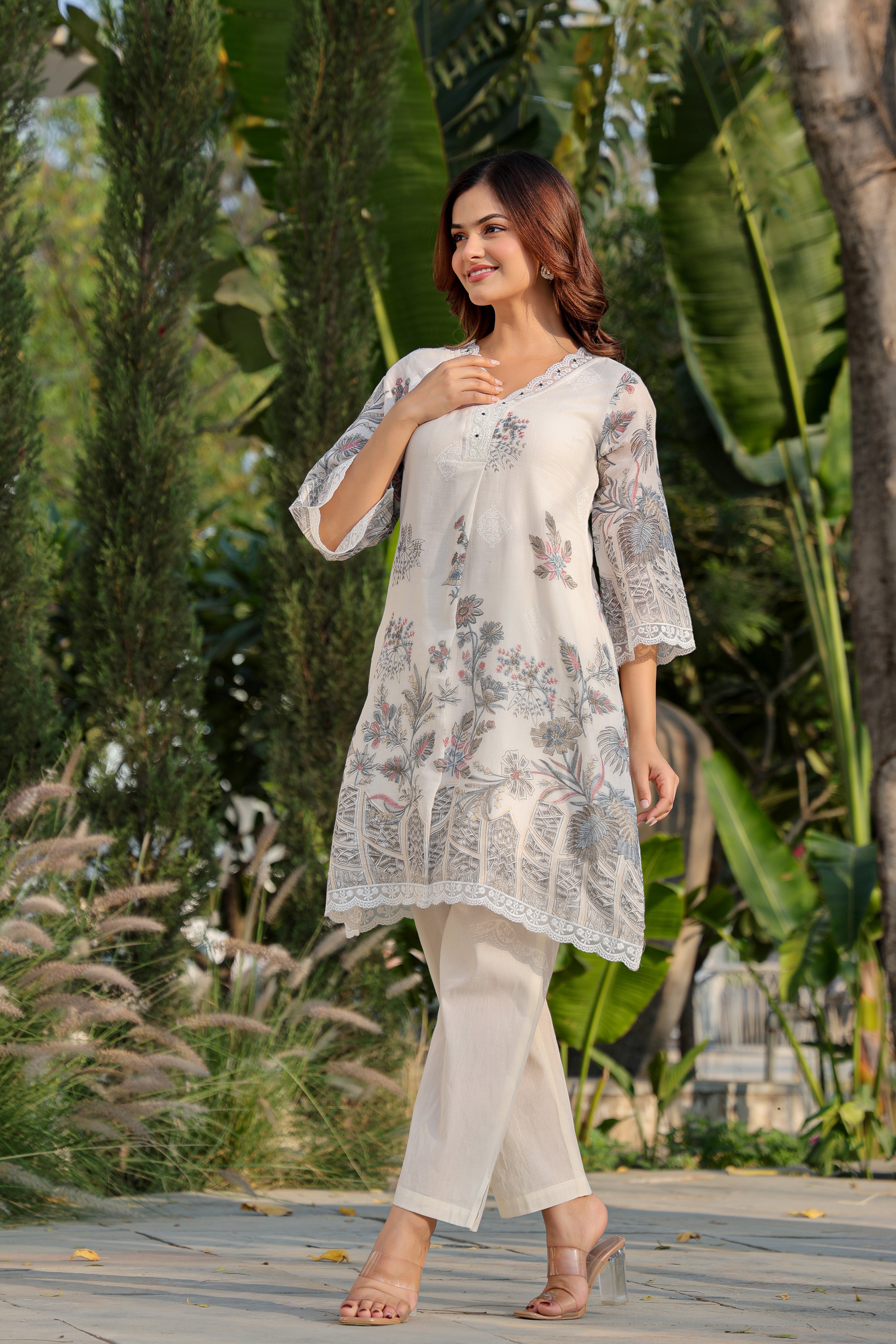Ivory Floral Printed A-Line Kurta Pant Set for Women | Pastel Jaipuri Style Co-Ord Set | Elegant V-Neck Ethnic Wear with Lace Detail