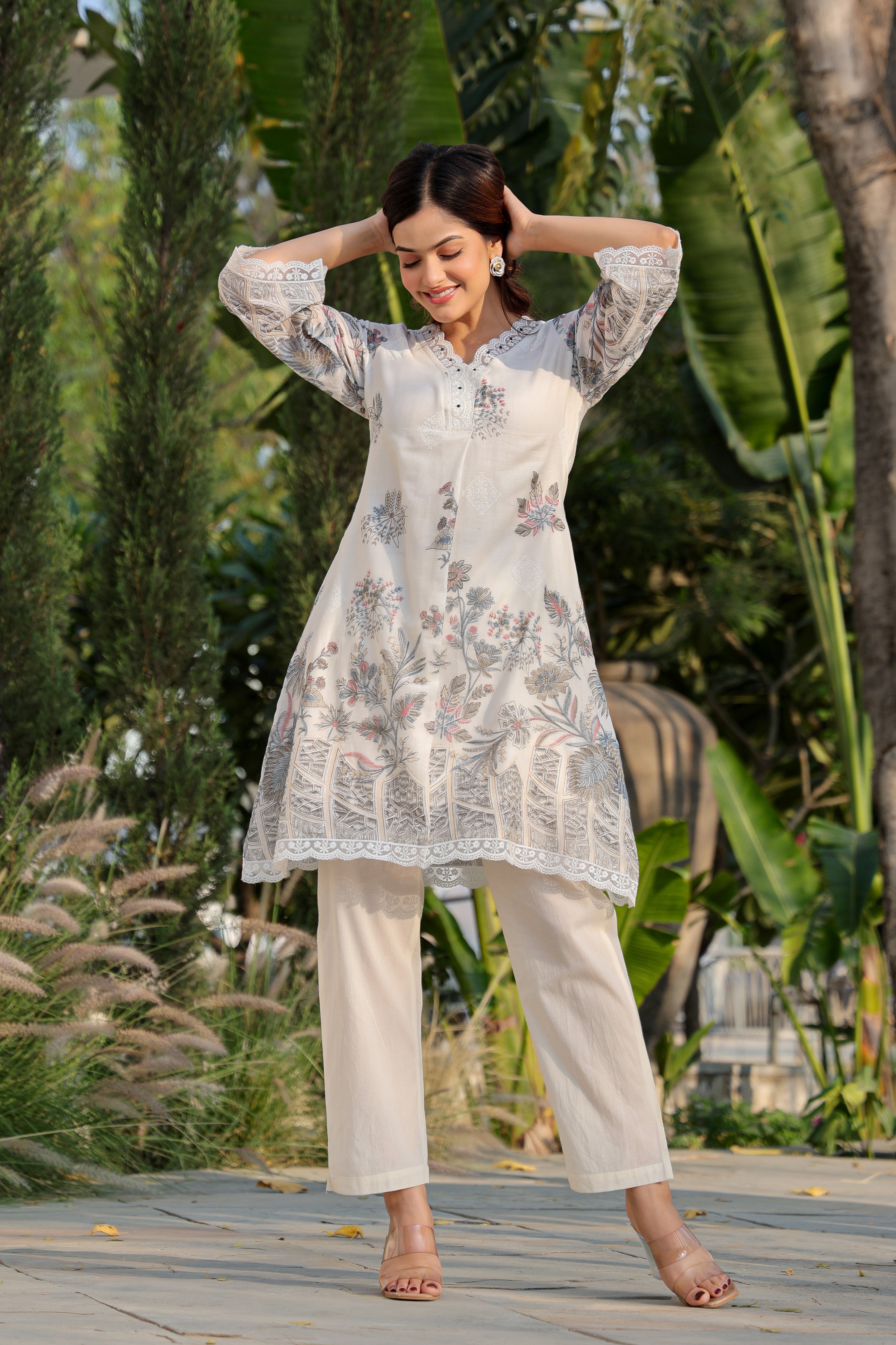 Ivory Floral Printed A-Line Kurta Pant Set for Women | Pastel Jaipuri Style Co-Ord Set | Elegant V-Neck Ethnic Wear with Lace Detail