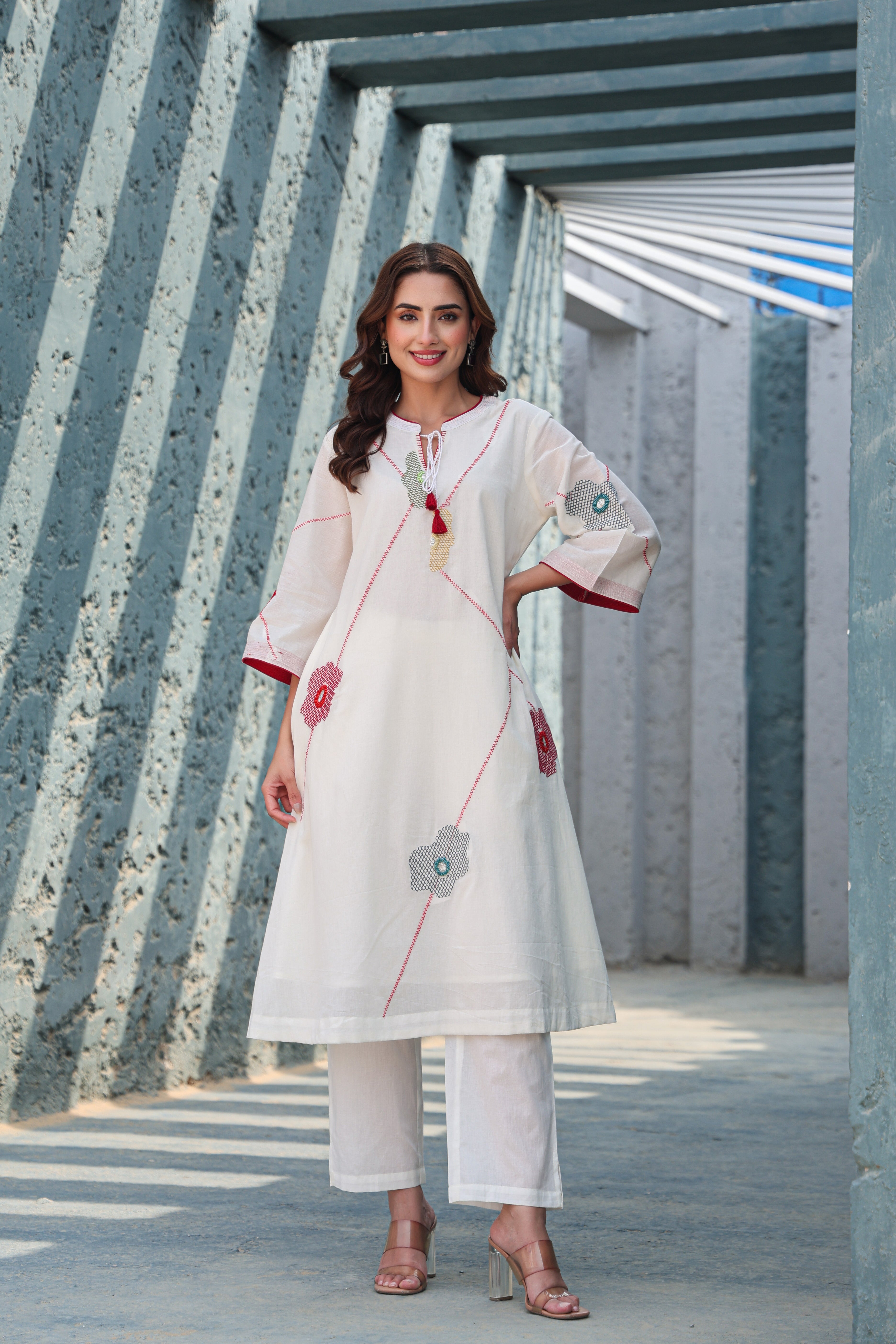 Ivory Cotton A-Line Kurta Pant Set for Women | Hand Embroidered Floral Indo-Western Kurti with Straight Pants | Summer Ethnic Co-ord Set