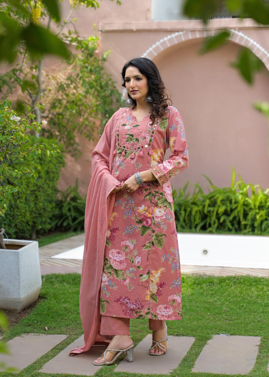 Peach straight A line with real mirror work in Pure Cotton