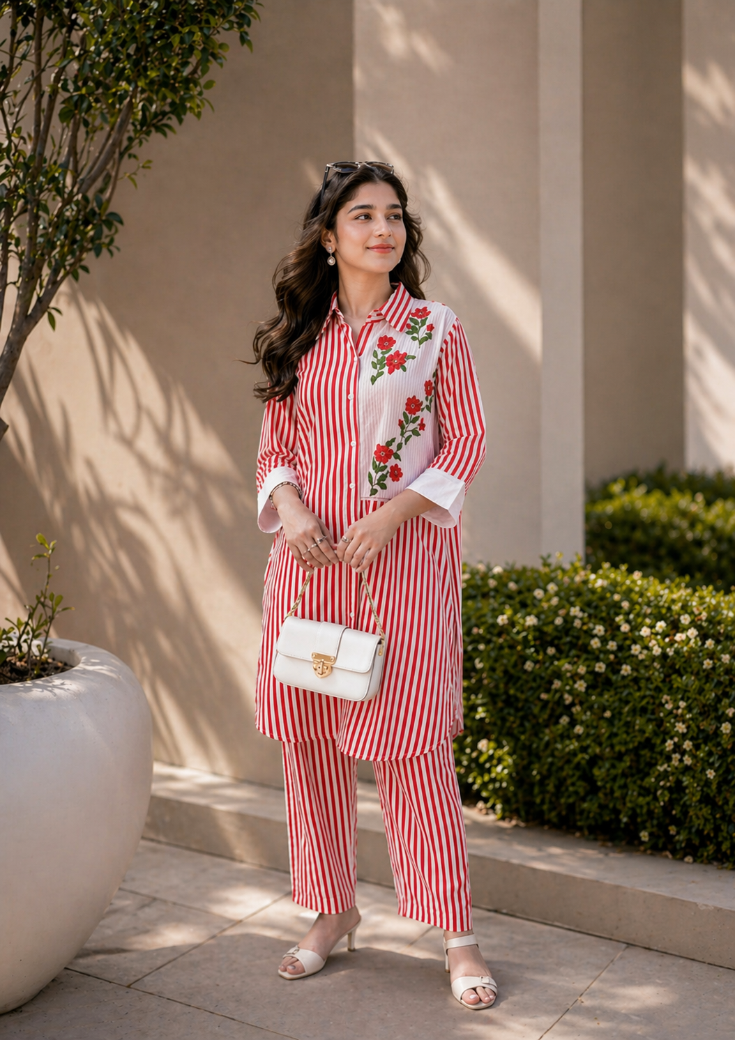 Red Stripe Floral Embroidered 3-Piece Cotton Co-Ord Suit Set for Women | Premium Jaipuri Kurta Pant Set with Dupatta