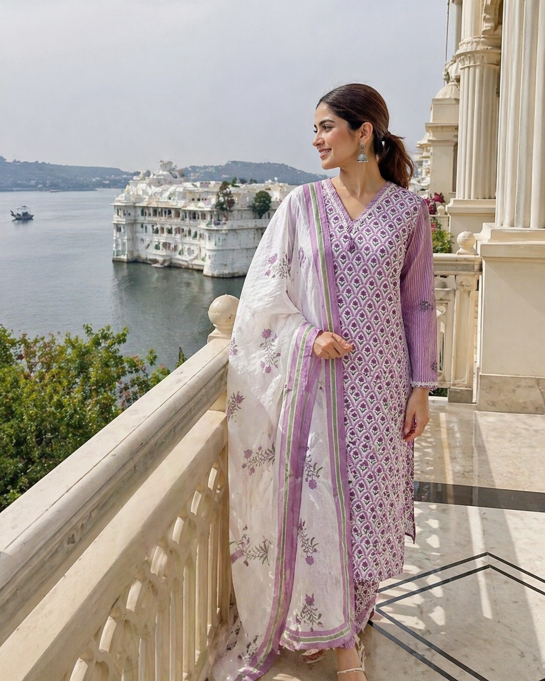 Lavender Bloom Cotton 3-Piece Suit Set with Dupatta | Jaipuri Printed Kurta Set for Women | Elegant Ethnic Wear