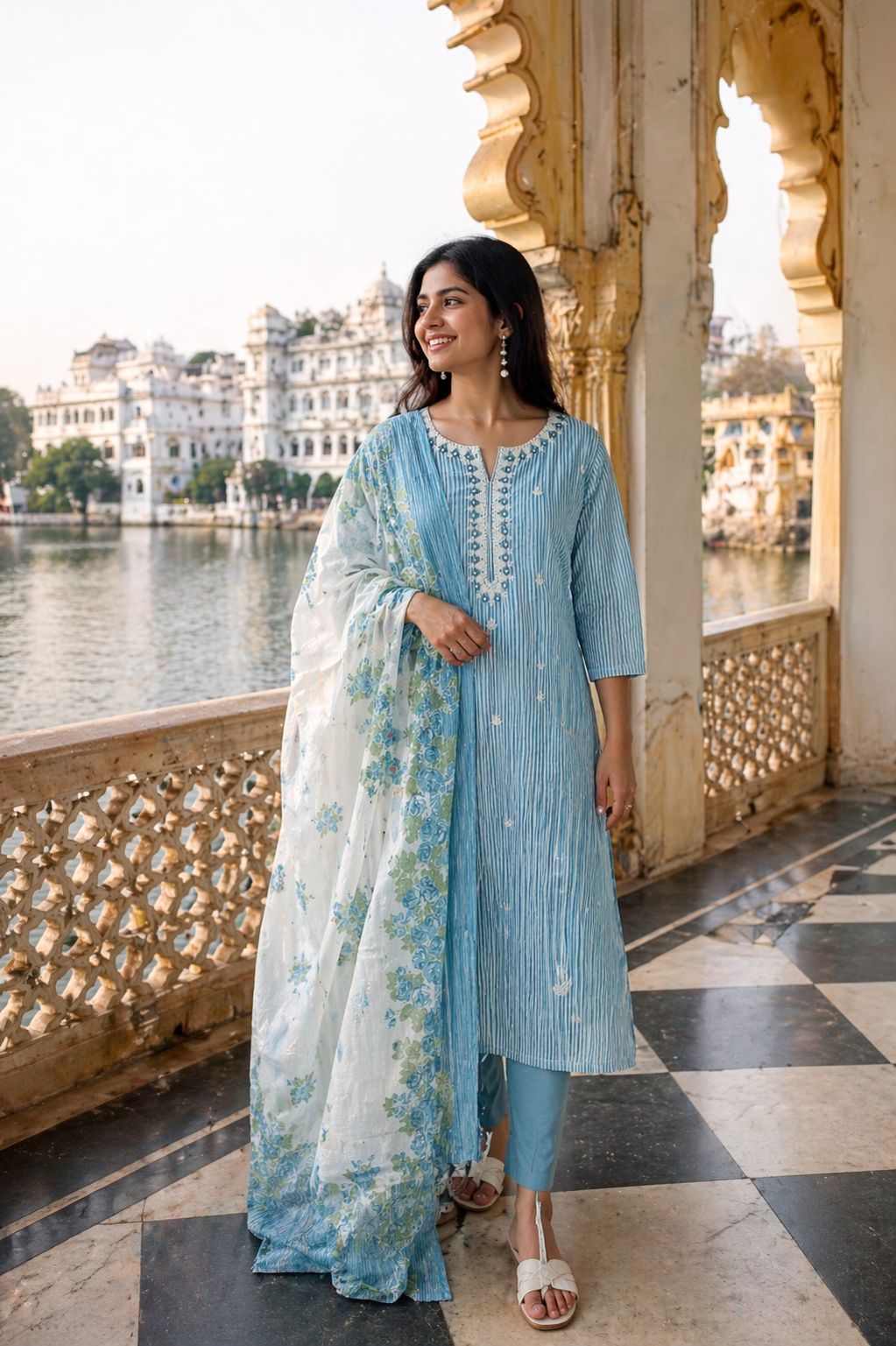 Sky Blue Floral Cotton 3 Piece Suit Set with Dupatta | Elegant Ethnic Kurta Pant Set for Women | Festive & Daily Wear