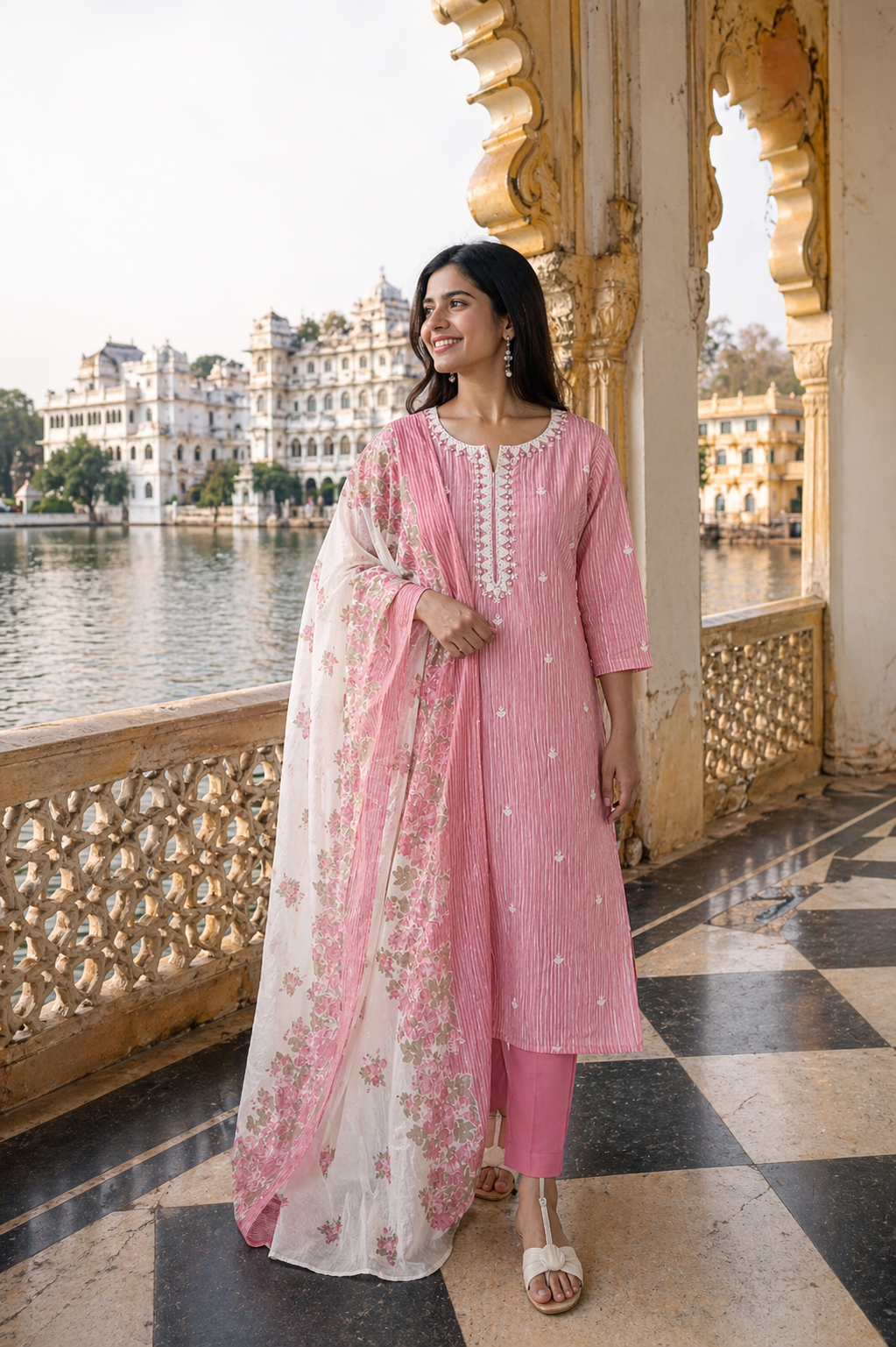 Blush Pink Cotton 3 Piece Suit Set with Floral Printed Organza Dupatta | Elegant Ethnic Kurta Pant Set for Women