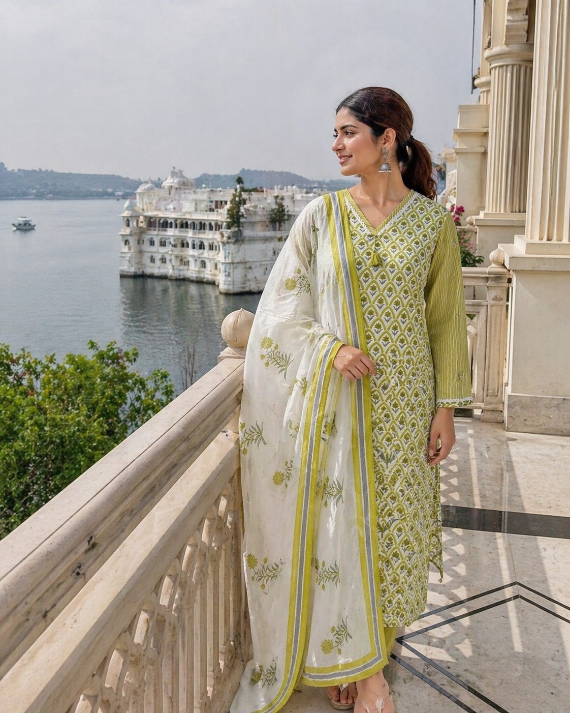 Lime Green Handblock Cotton 3-Piece Suit Set with Kota Doria Dupatta | Jaipuri Printed Kurta Set for Women