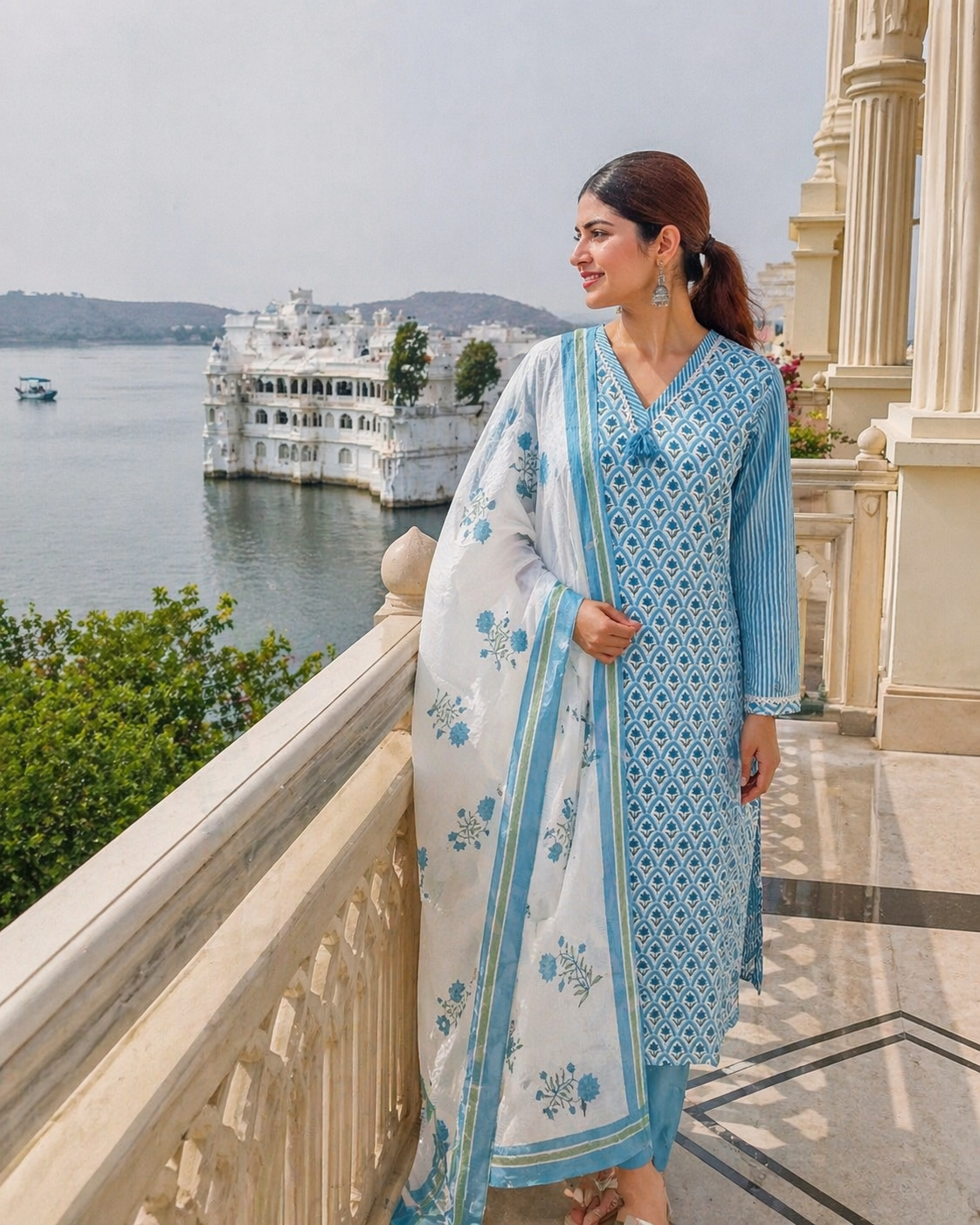 Sky Blue Handblock Cotton 3-Piece Suit Set with Dupatta – Elegant Jaipuri Print Kurta Set for Women
