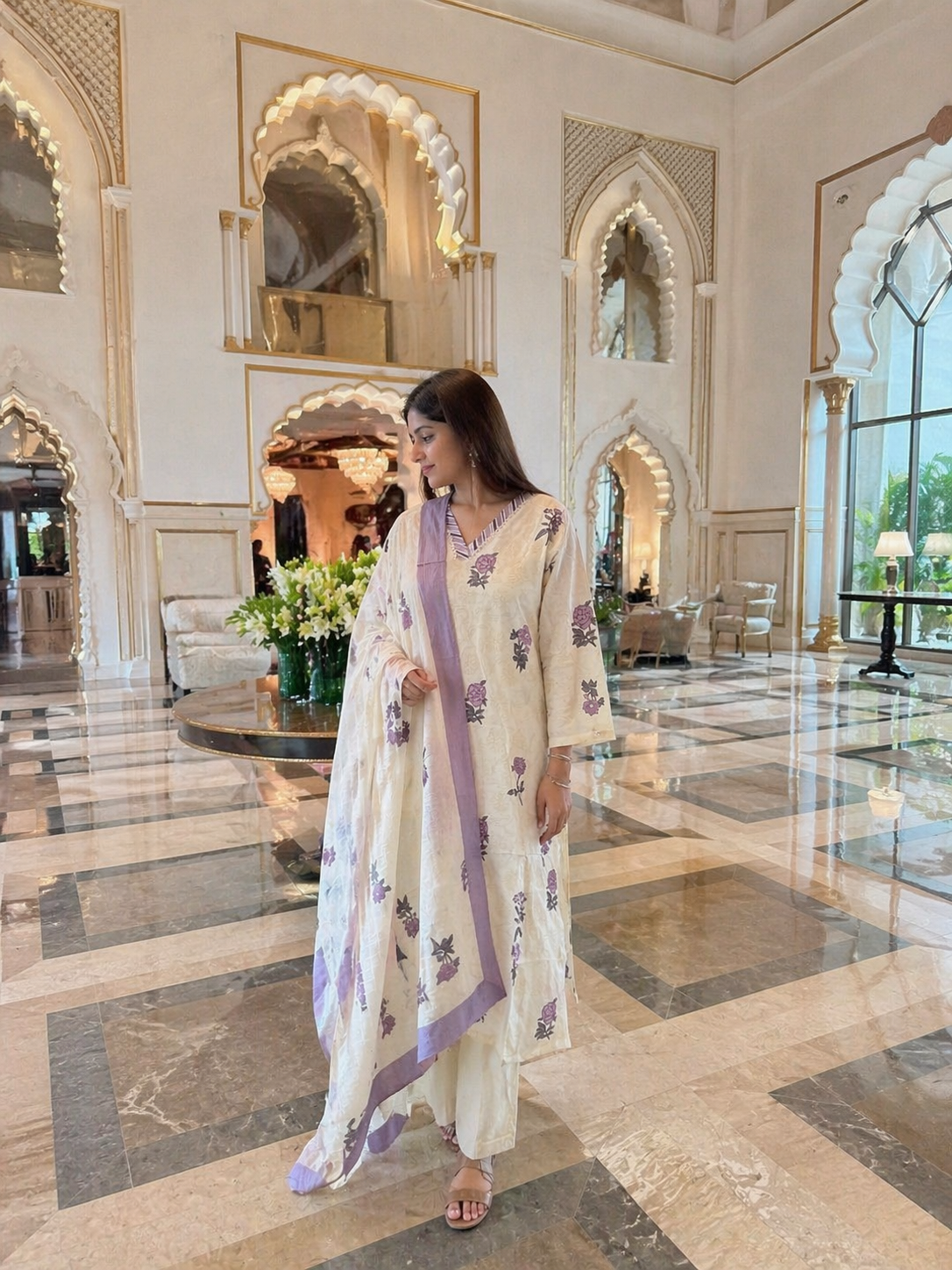 Ivory Floral Cotton 3-Piece Suit Set with Lavender Dupatta | Elegant Ethnic Kurta Pant Dupatta Set for Women