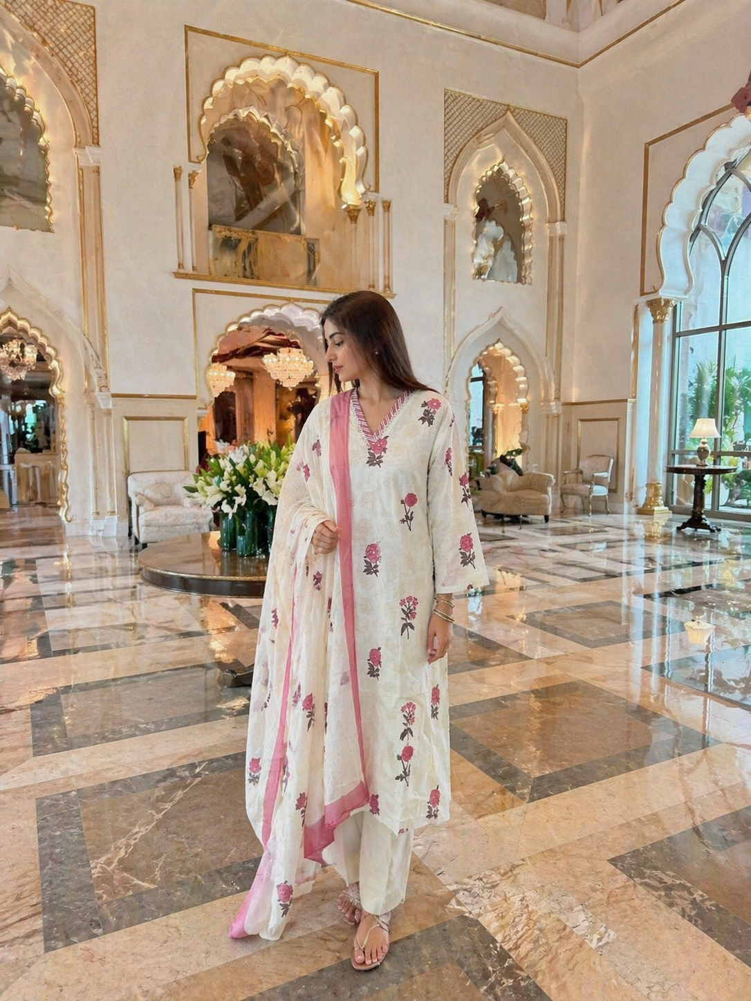 Ivory Pink Floral Cotton 3-Piece Suit Set for Women | Elegant Handblock Print Kurta, Pant & Dupatta