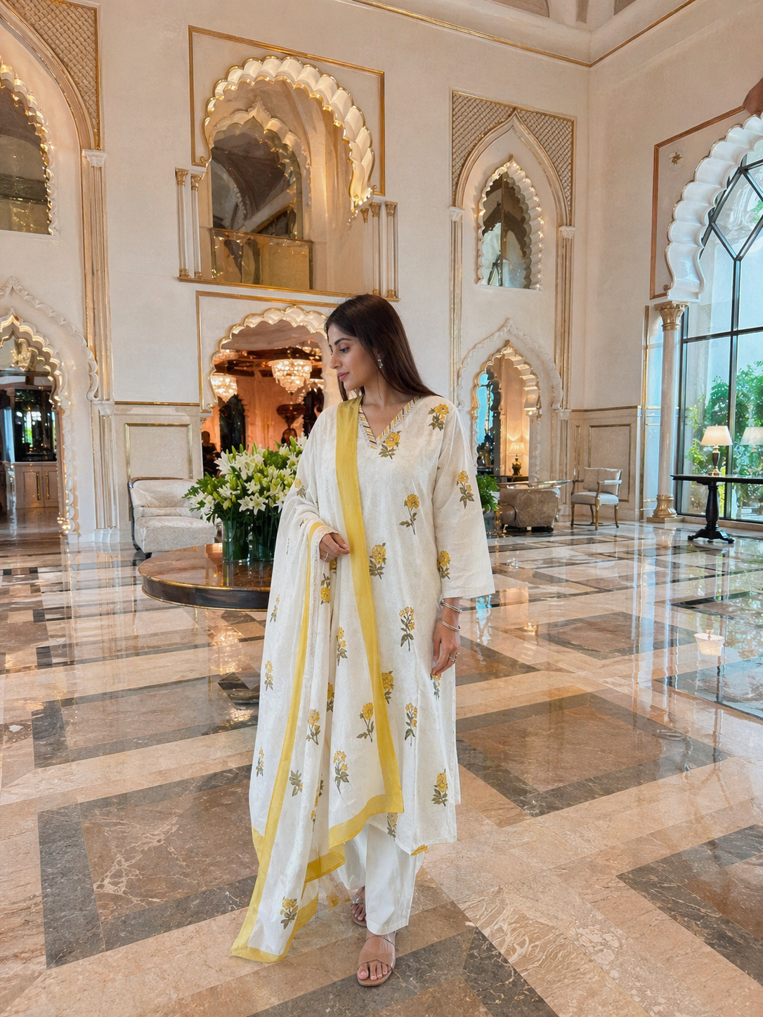 Ivory Yellow Floral Cotton 3 Piece Suit Set for Women | Elegant Handblock Print Kurta Palazzo Dupatta | Summer Ethnic Wear