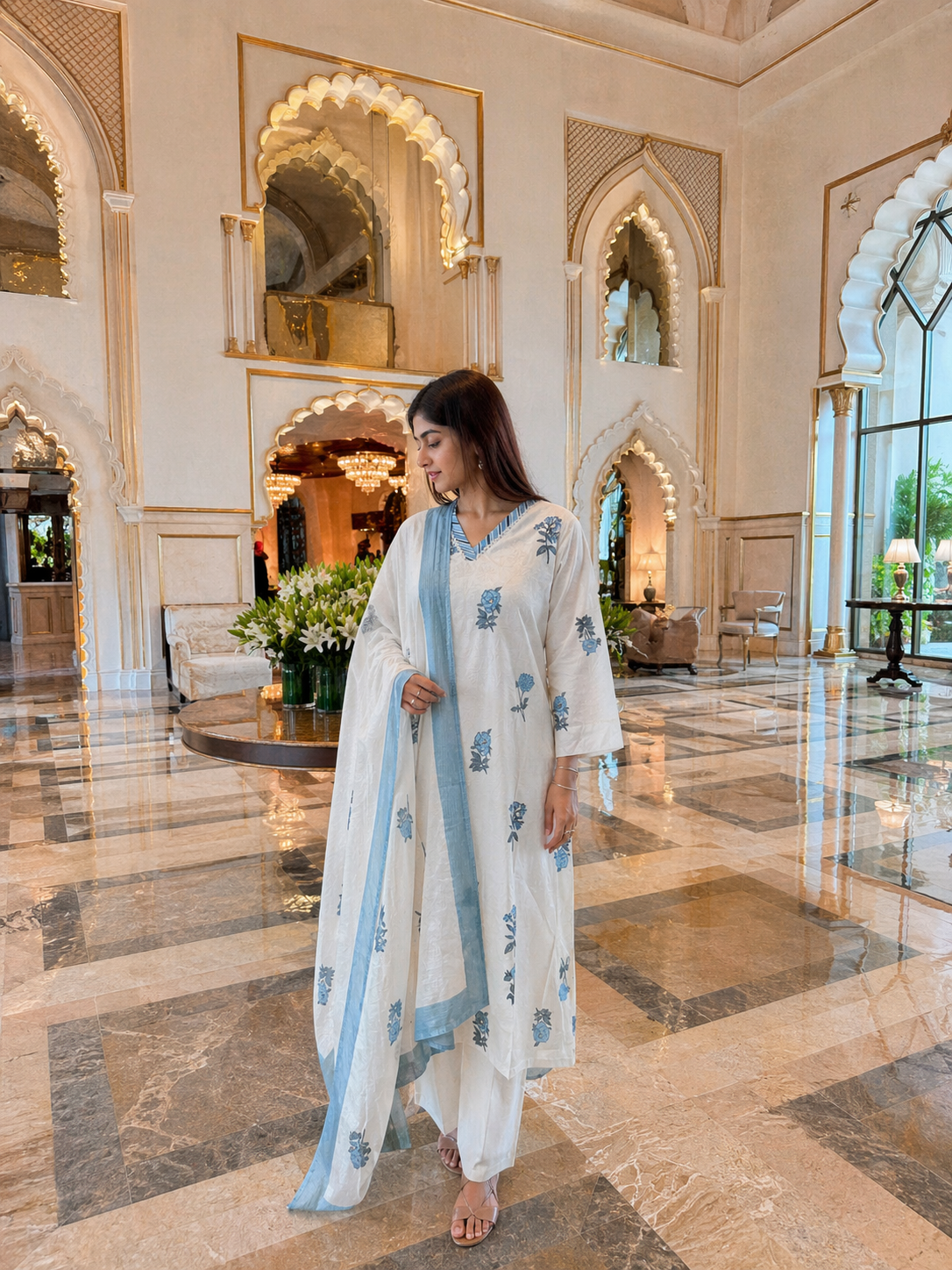 Elegant White & Powder Blue Floral Cotton 3-Piece Suit Set with Dupatta | Handblock Inspired Ethnic Wear for Women