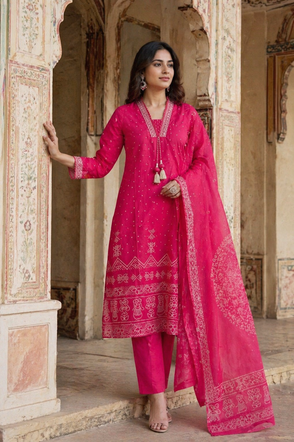 Hot Pink Cotton Printed Kurta Pant Dupatta Set for Women | Jaipuri Ethnic 3 Piece Suit | Festive & Daily Wear