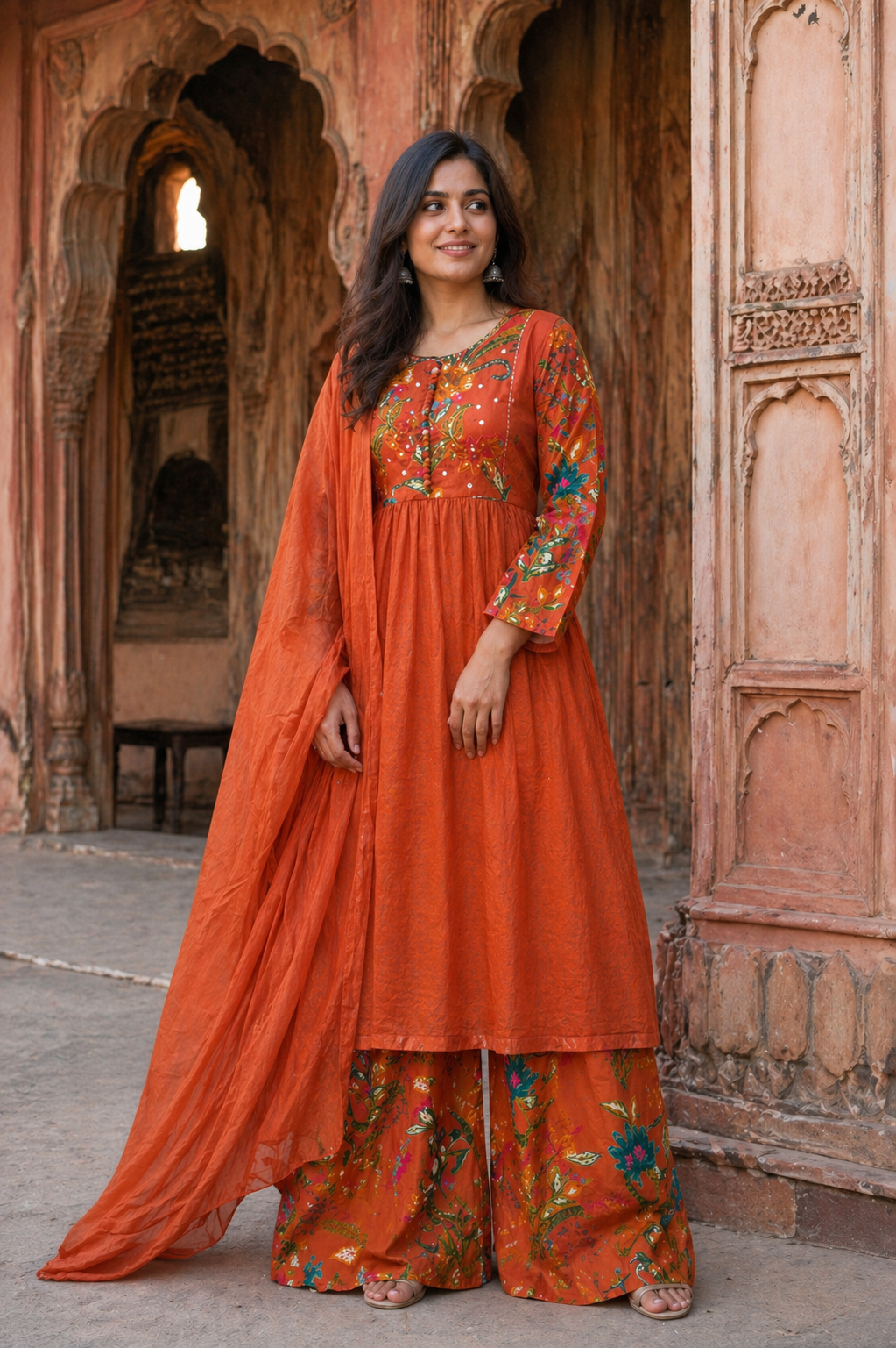 Rust Orange Floral Cotton 3 Piece Suit Set for Women – A-Line Kurta, Printed Palazzo & Dupatta | Ethnic Indian Festive Wear