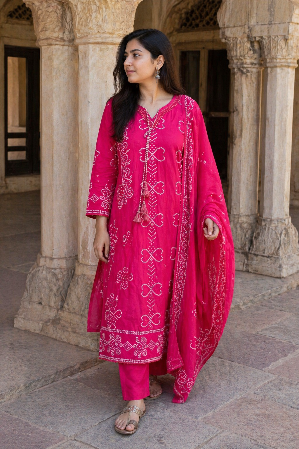 Hot Pink Bandhani Printed Cotton Kurta Pant Dupatta Set for Women | Ethnic 3 Piece Suit | Festive & Casual Wear