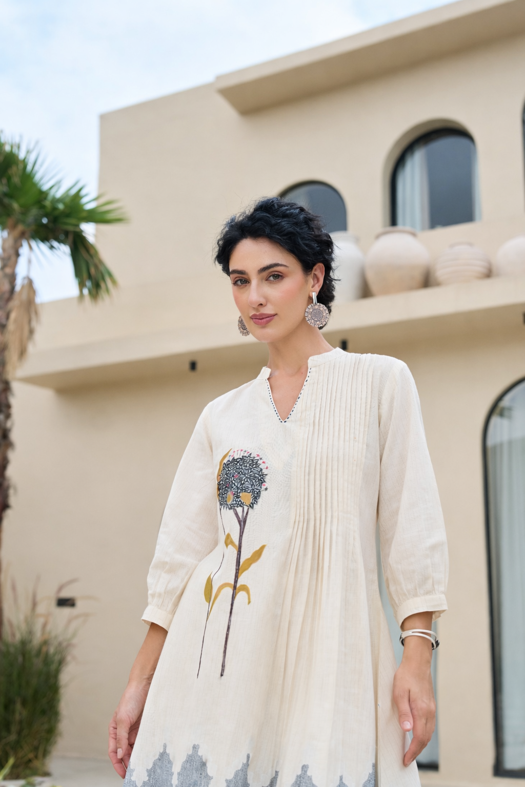 Elegant Off-White Cotton Kurta Pant Set for Women with Floral Hand Print & Pintuck Detailing | Ethnic Co-ord Set | Festive & Casual Wear