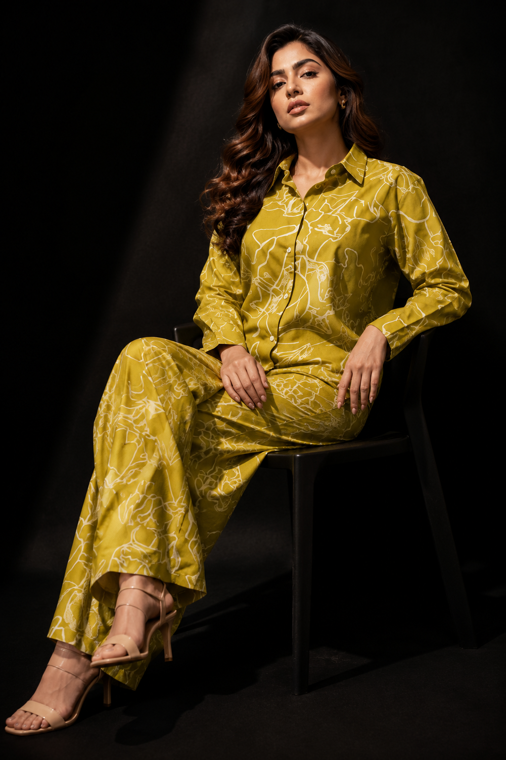Olive Green Abstract Print Satin Co-Ord Set for Women | Premium Shirt & Wide Leg Palazzo Co Ord Set | Contemporary Resort Wear Matching Set | Vacation Outfit for Women