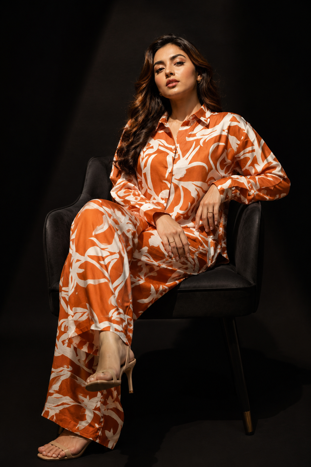 Orange Abstract Print Satin Co-Ord Set for Women | Premium Shirt & Wide Leg Palazzo Co Ord Set | Resort Wear Matching Set | Vacation Outfit for Women