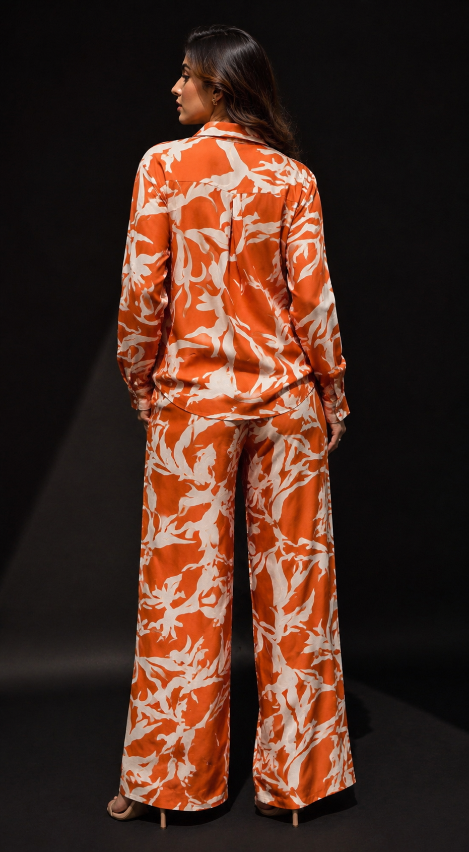 Orange Abstract Print Satin Co-Ord Set for Women | Premium Shirt & Wide Leg Palazzo Co Ord Set | Resort Wear Matching Set | Vacation Outfit for Women
