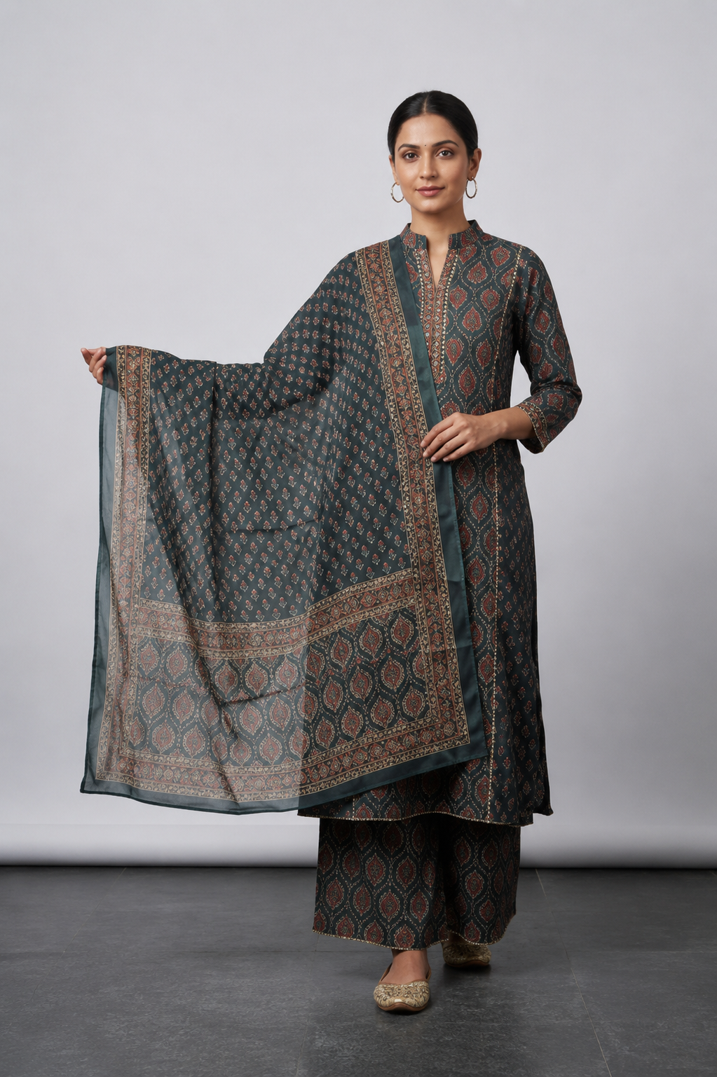 Women Bottle Green Printed A line Kurta Divider Palazzo Dupatta Set | Ethnic 3 Piece Suit Set for Women | Traditional Festive & Casual Wear