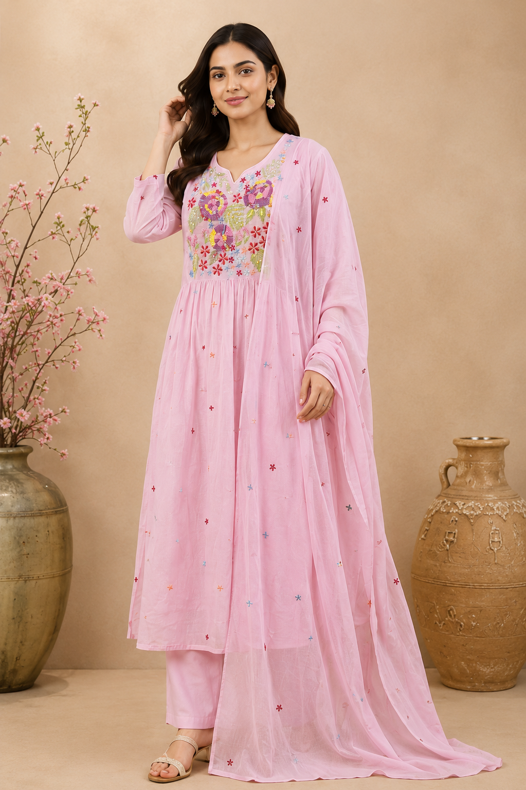 Women Pink Embroidered Kurta Palazzo Dupatta Set | Floral Embroidery 3 Piece Ethnic Suit Set for Women | Festive & Party Wear