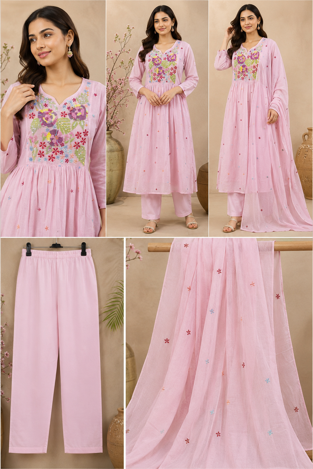 Women Pink Embroidered Kurta Palazzo Dupatta Set | Floral Embroidery 3 Piece Ethnic Suit Set for Women | Festive & Party Wear