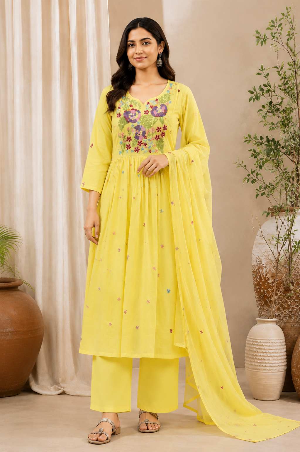 Women Yellow Embroidered Kurta Palazzo Dupatta Set | Floral Embroidery 3 Piece Ethnic Suit Set for Women | Festive & Summer Wear