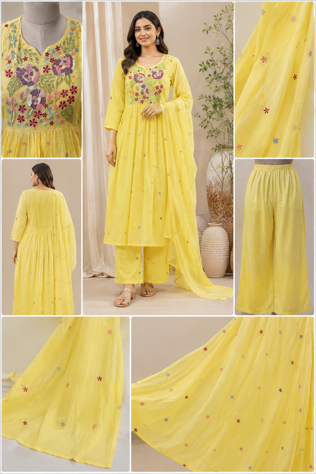 Women Yellow Embroidered Kurta Palazzo Dupatta Set | Floral Embroidery 3 Piece Ethnic Suit Set for Women | Festive & Summer Wear