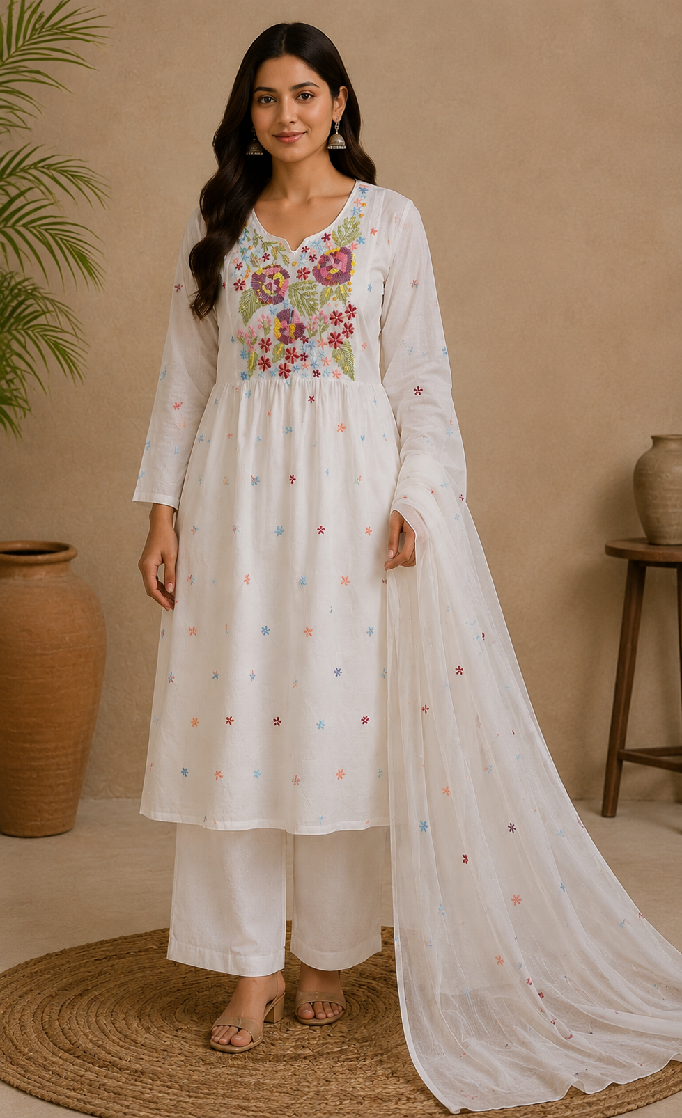 Women White Embroidered Kurta Palazzo Dupatta Set | Floral Embroidery 3 Piece Ethnic Suit Set for Women | Elegant Festive Wear