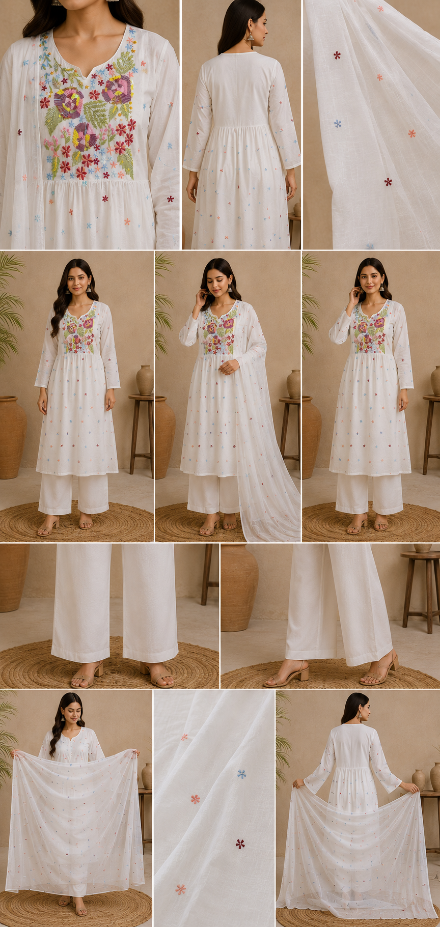 Women White Embroidered Kurta Palazzo Dupatta Set | Floral Embroidery 3 Piece Ethnic Suit Set for Women | Elegant Festive Wear
