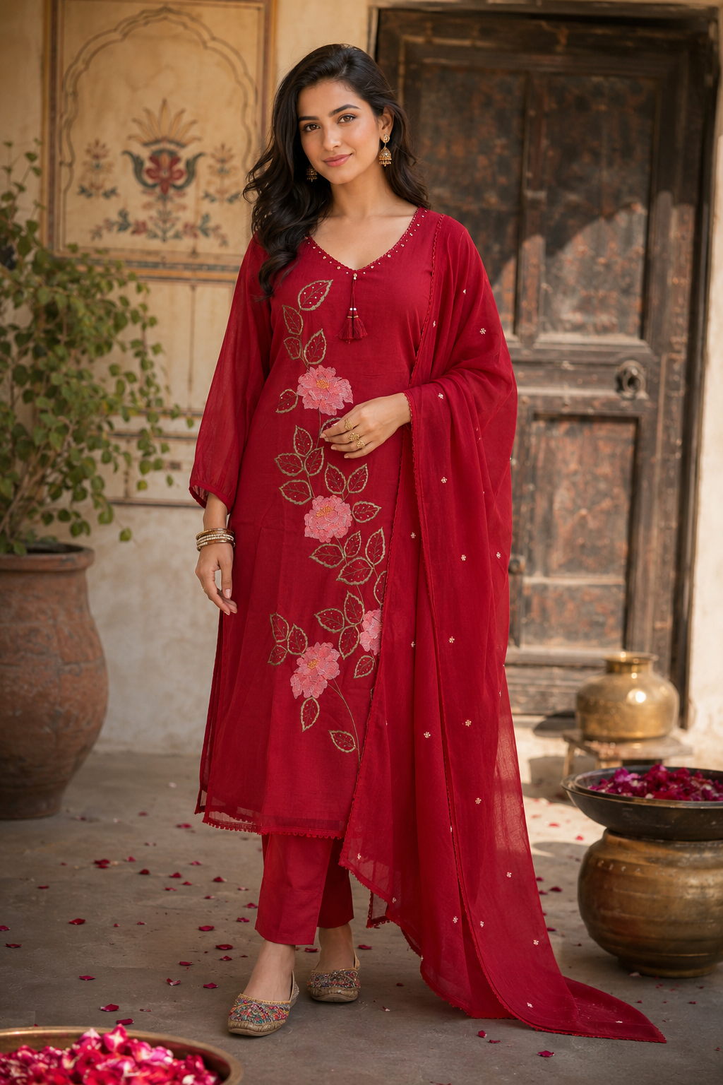 Ruby Red Floral Embroidered Kurta Set with Dupatta for Women | Elegant Ethnic Wear