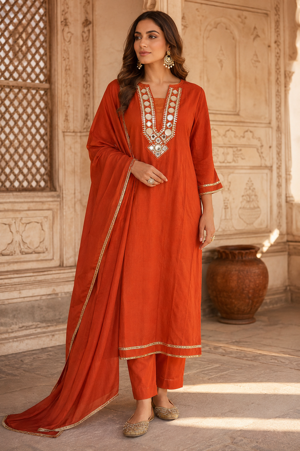 Rust Orange Mirror Work Kurta Set with Dupatta for Women | Festive Designer Ethnic Wear