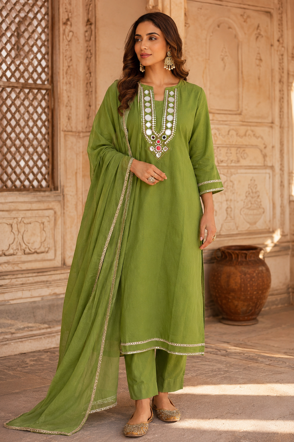 Olive Green Mirror Work Kurta Set with Dupatta for Women | Elegant Festive Ethnic Wear