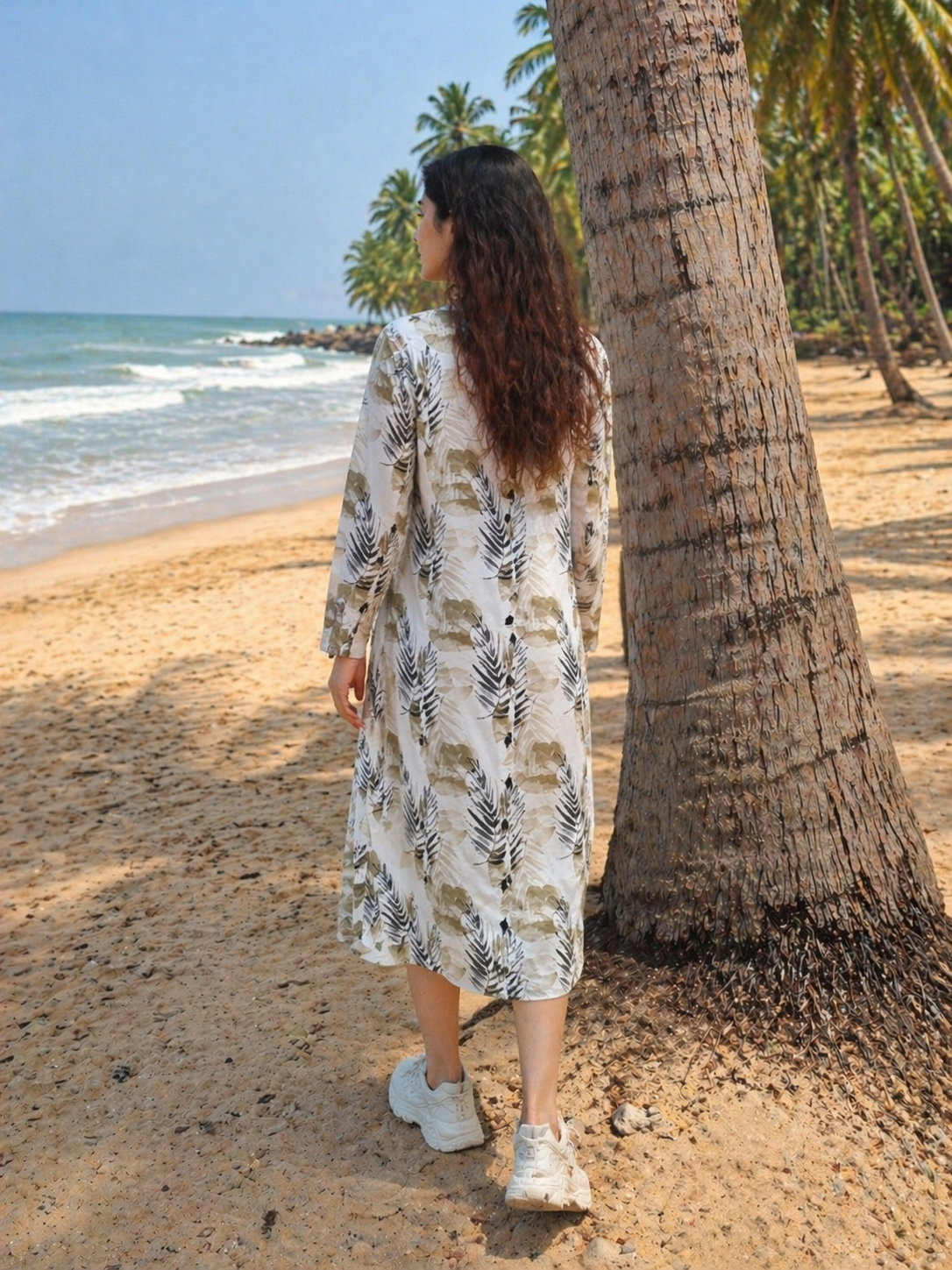 Beige Tropical Leaf Print Midi Dress for Women | V-Neck Button-Down Cotton Dress with Side Slit | Beach Vacation Summer Outfit